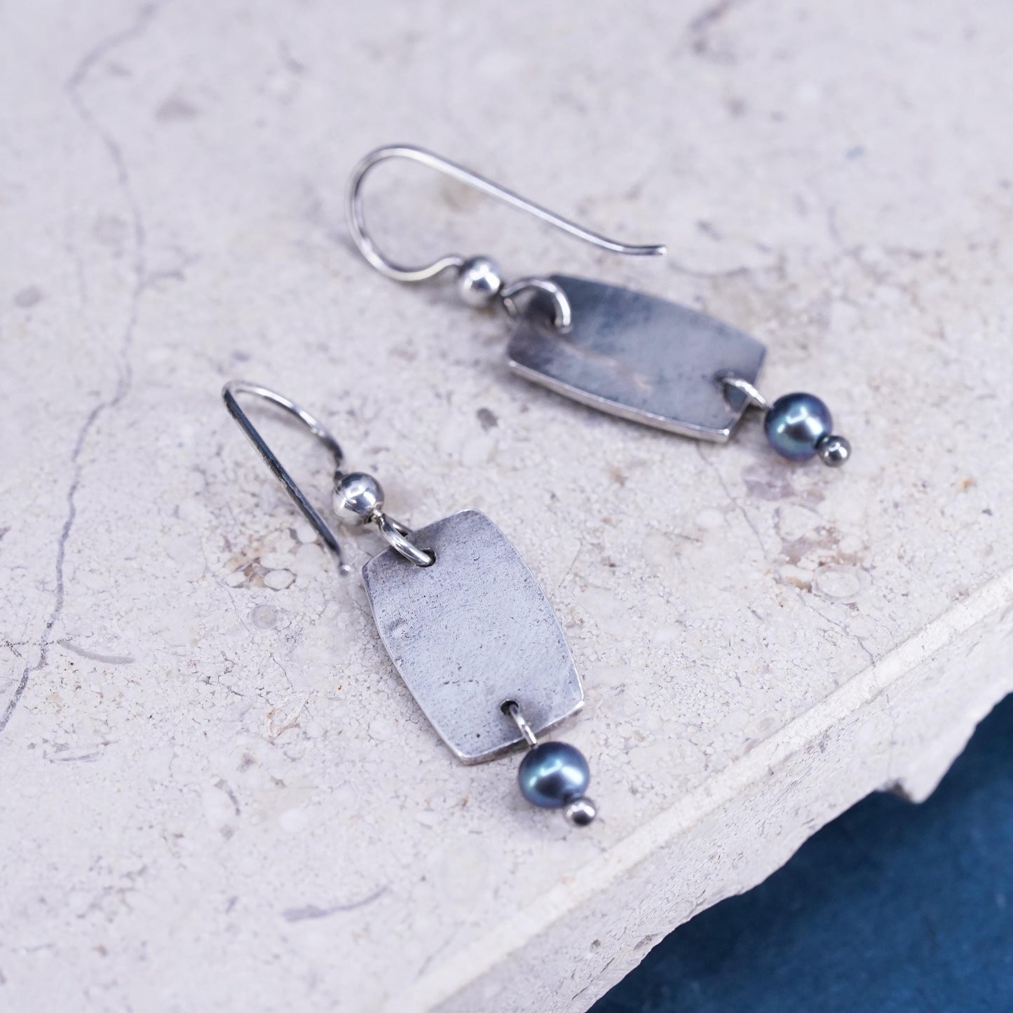 Vintage Sterling silver 925 handmade tag earrings with black pearl dangles