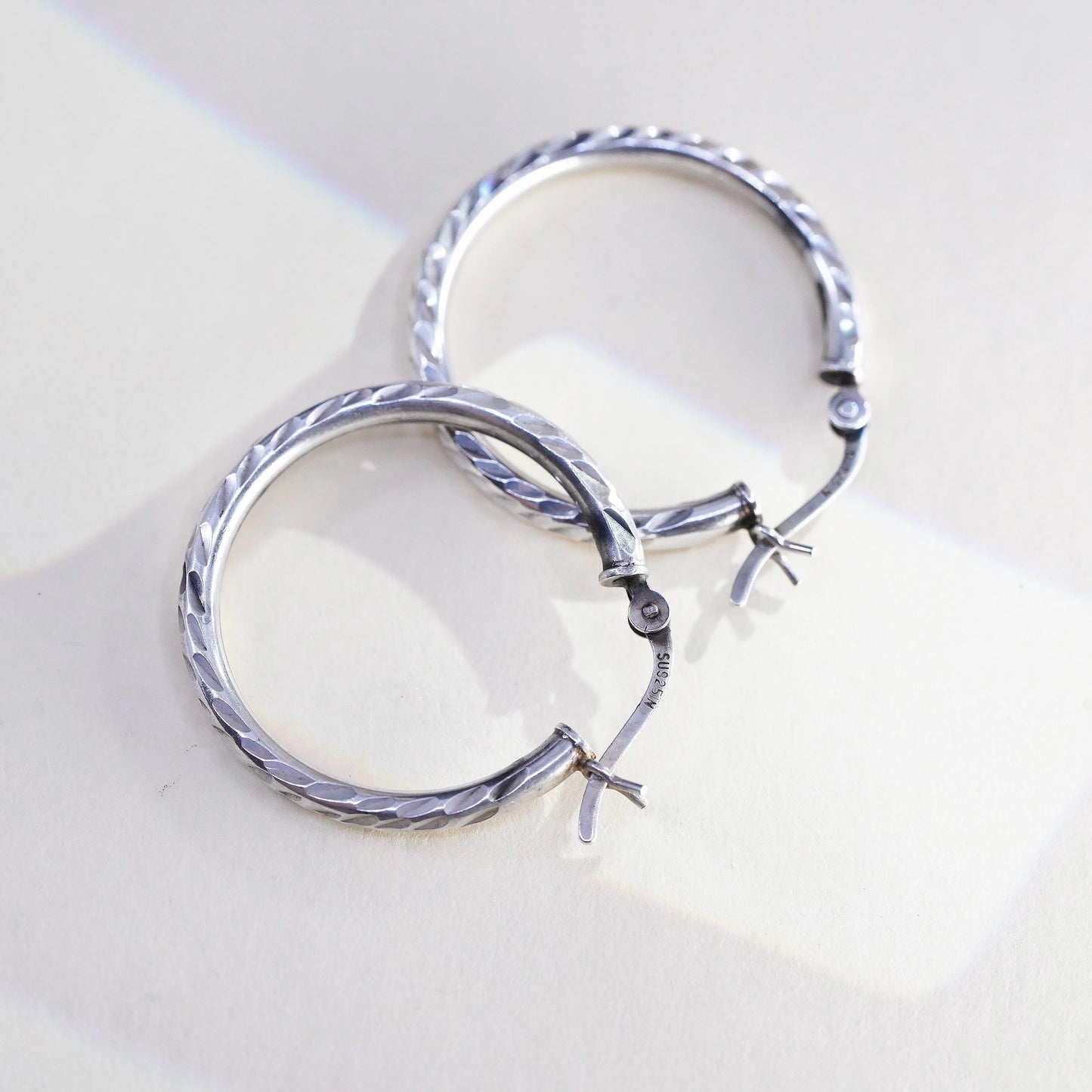 1”, Vintage sterling silver loop earrings, textured minimalist primitive hoops