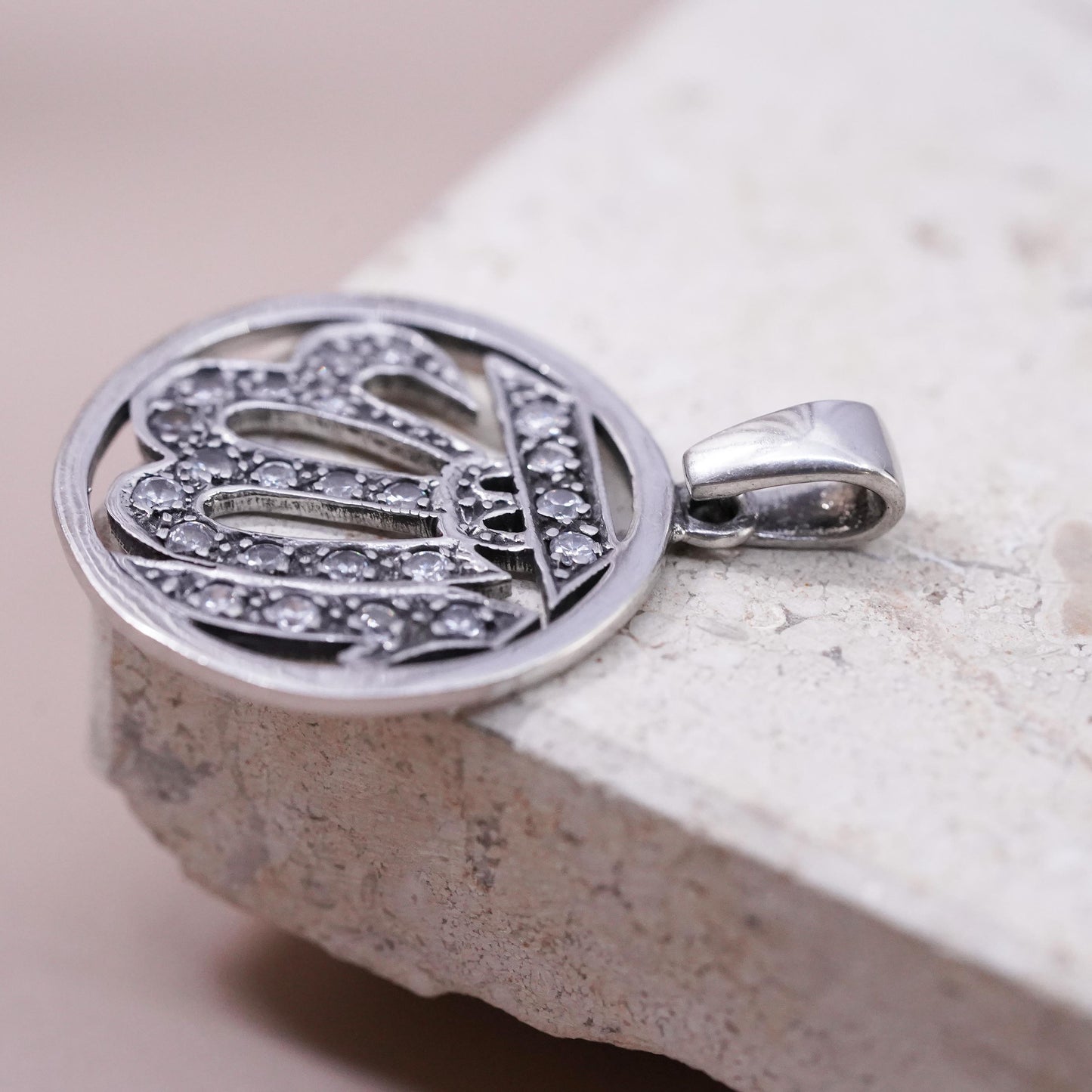 Vintage sterling silver religious symbol charm, 925 initial "WI” pendant with cz
