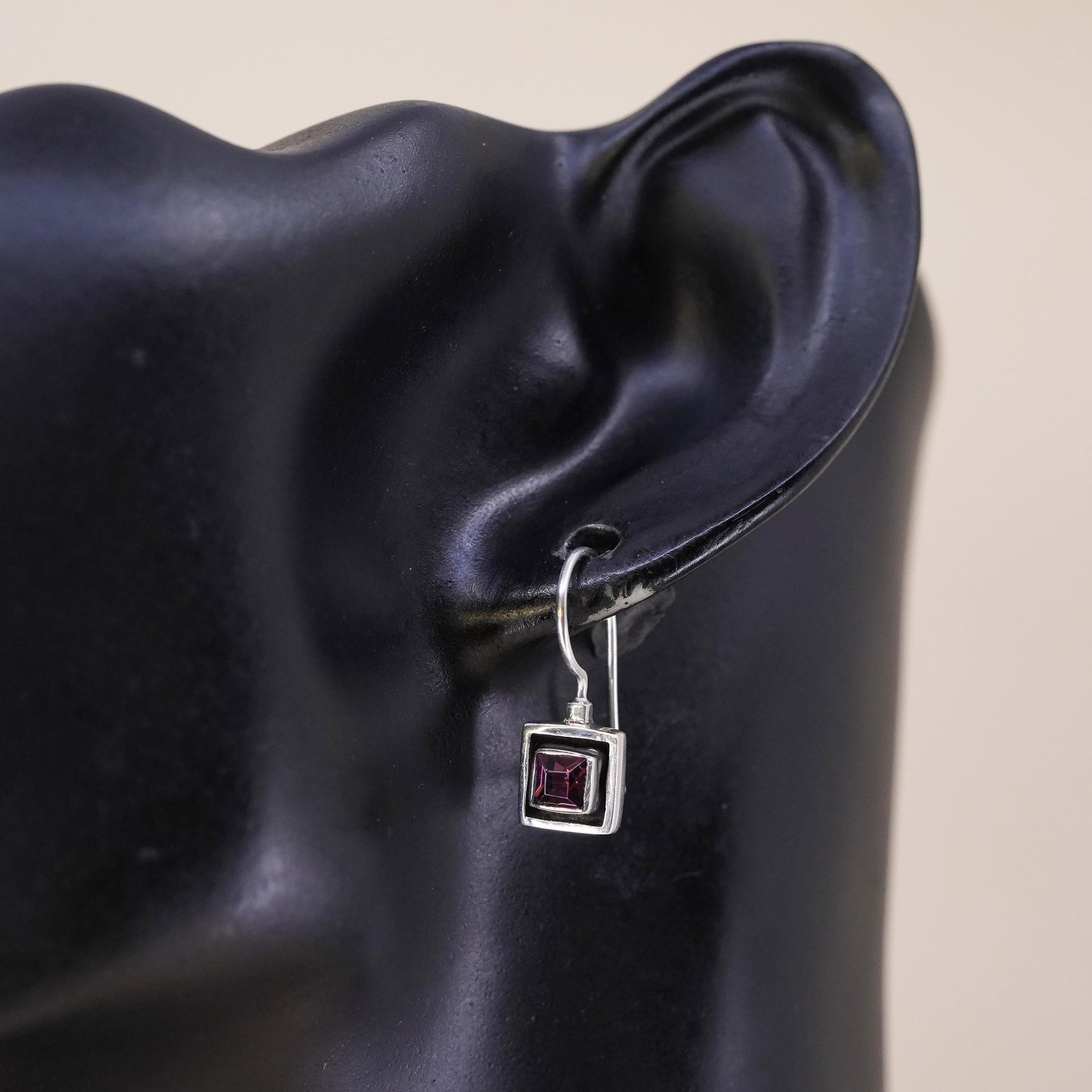 Vintage sterling silver 925 handmade single earring with square amethyst