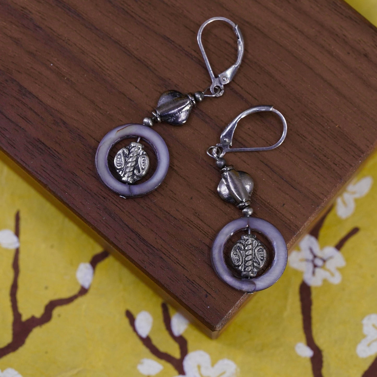 Vintage Sterling 925 silver handmade earrings with abalone circle dangles