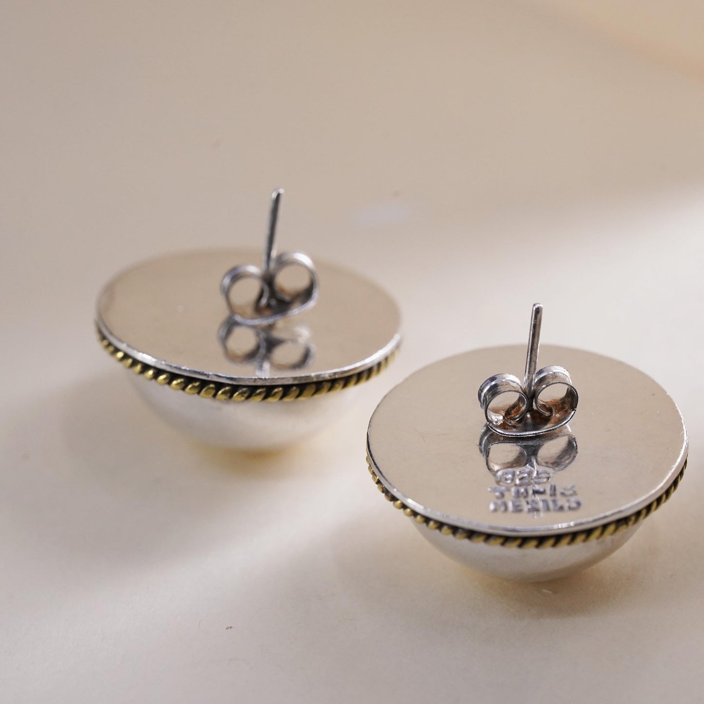 Vintage two tone Sterling silver earrings, Mexican 925 silver huge round studs