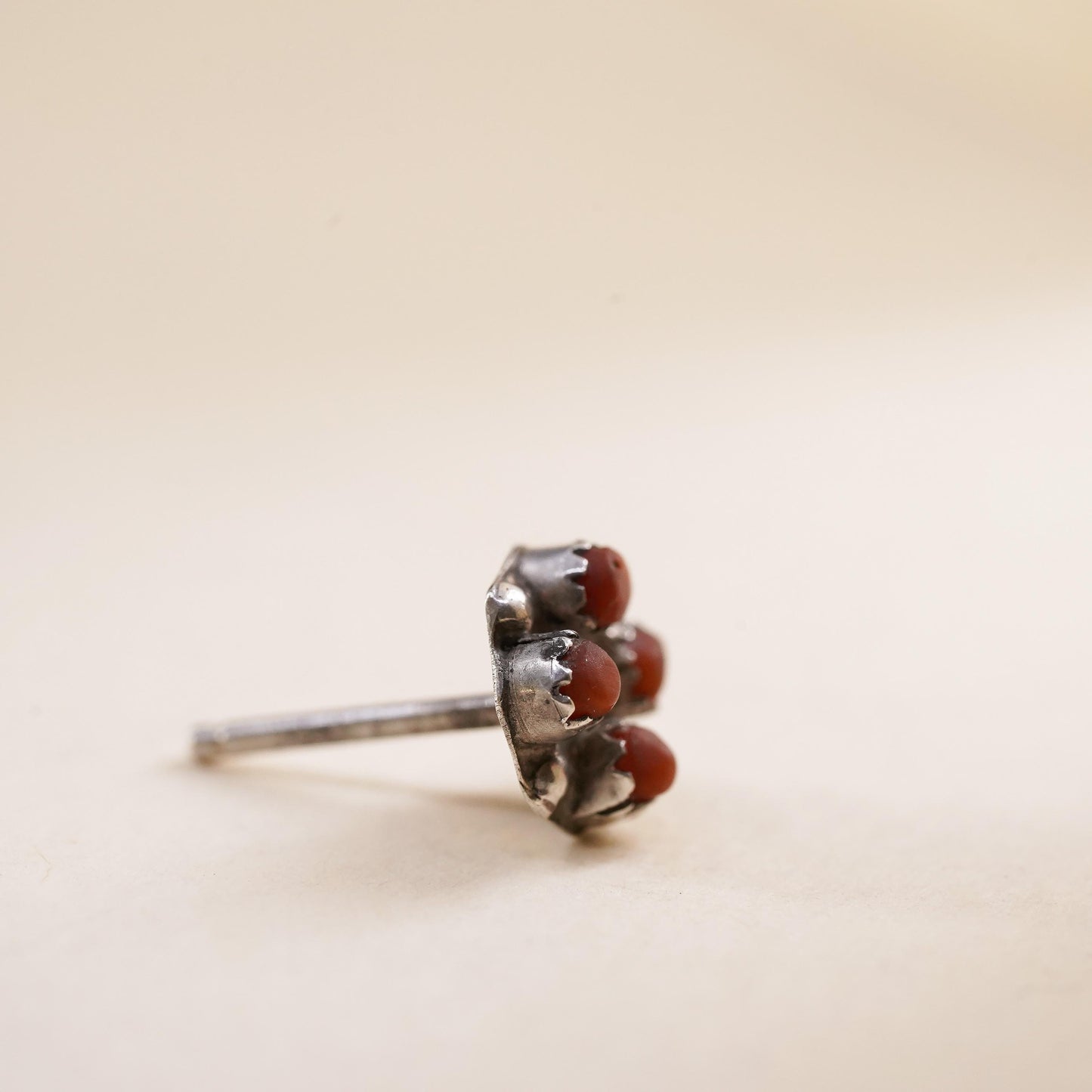 Native American Navajo handmade single earring. Sterling 925 silver stud coral