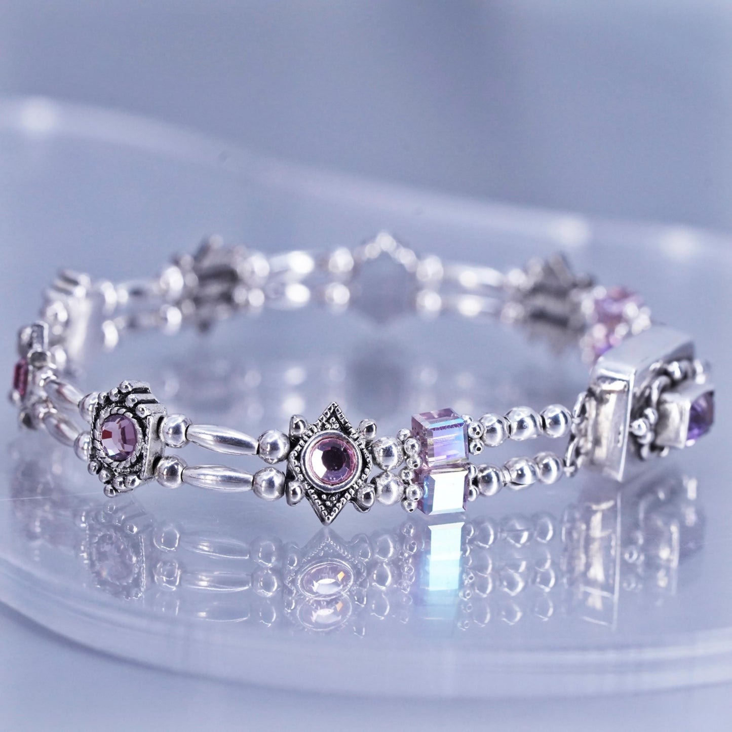 6.5”, Vintage Sterling 925 silver tennis bracelet chain with amethyst