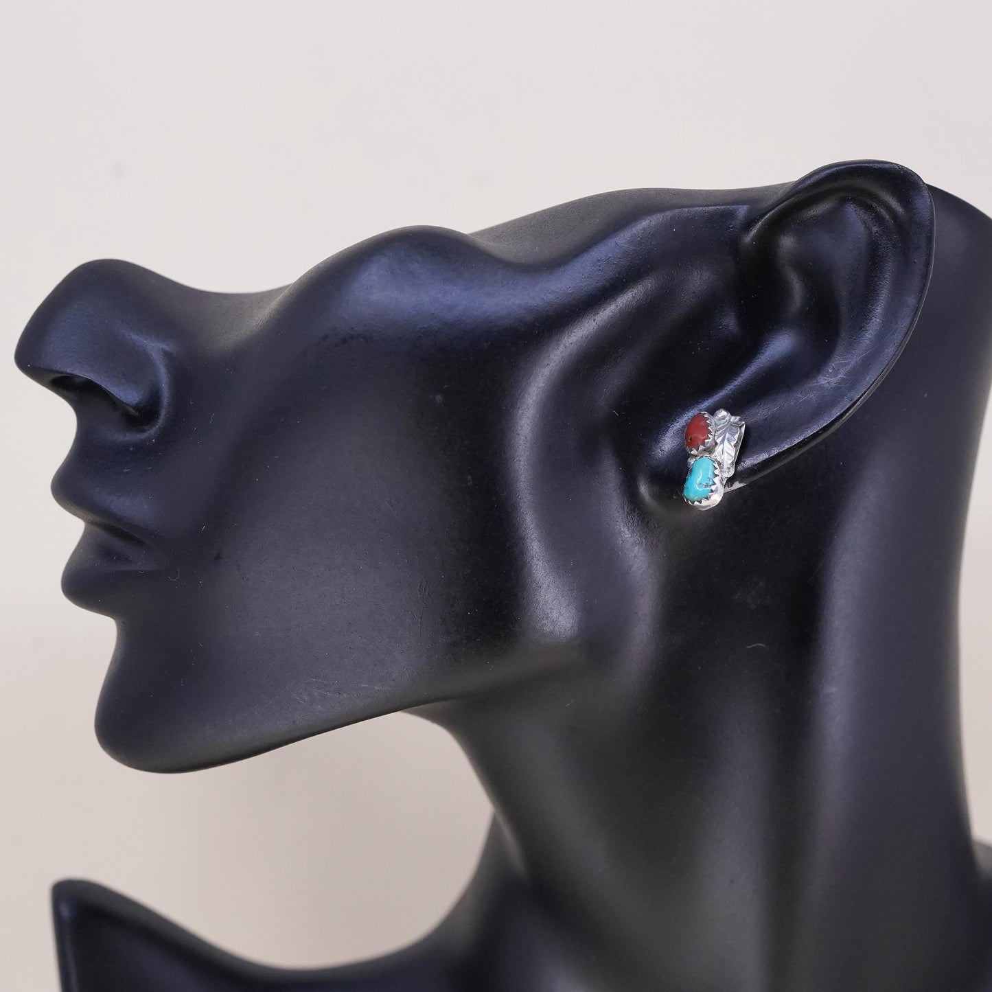 Native American Navajo single earring. Sterling 925 silver teardrop stud coral