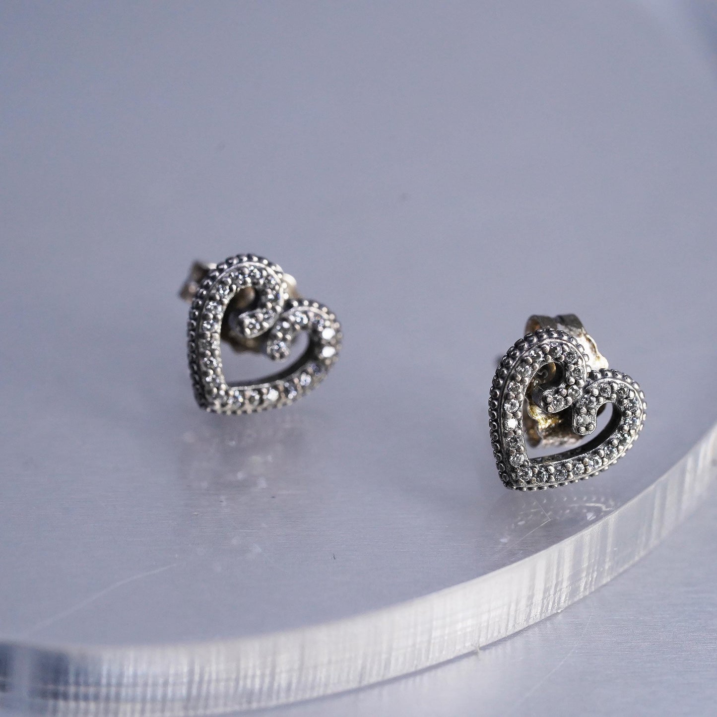 VTG Pandora ALE Sterling silver handmade earrings, 925 heart studs cluster cz