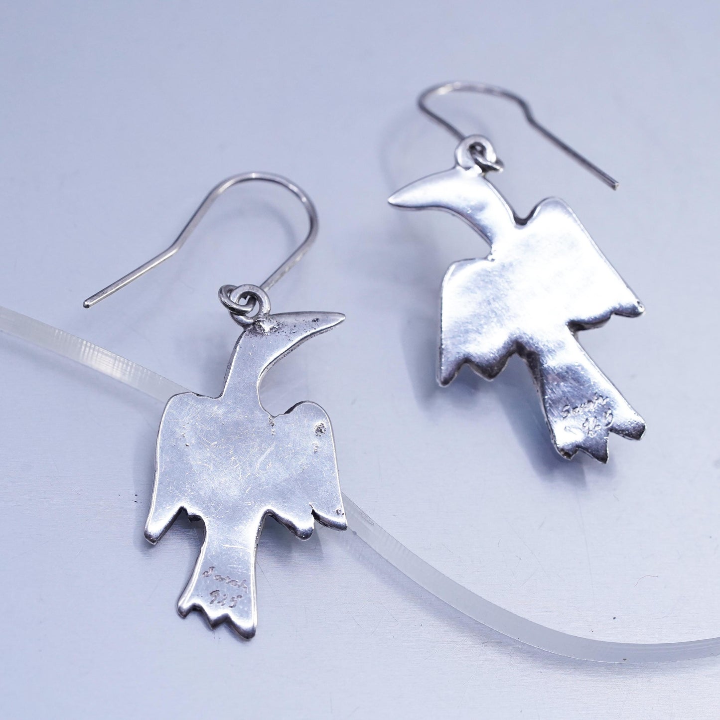 Vintage Designer Sterling 925 silver handmade bird earrings with enamel inlay