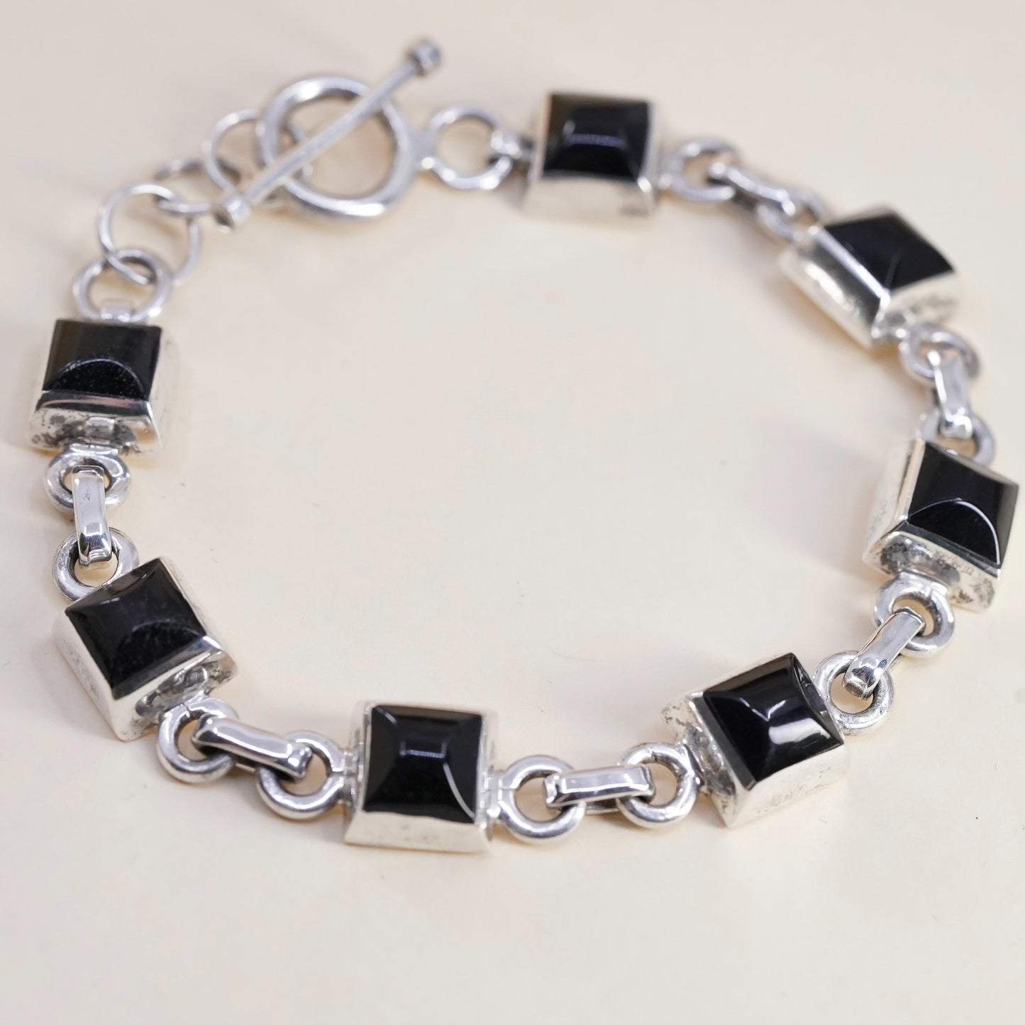7.75", Vintage Mexican Sterling Silver Black Onyx Bracelet, Square Onyx chain