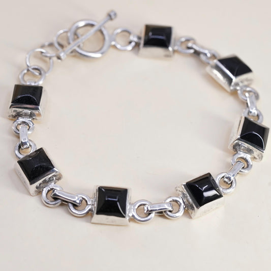 7.75", Vintage Mexican Sterling Silver Black Onyx Bracelet, Square Onyx chain