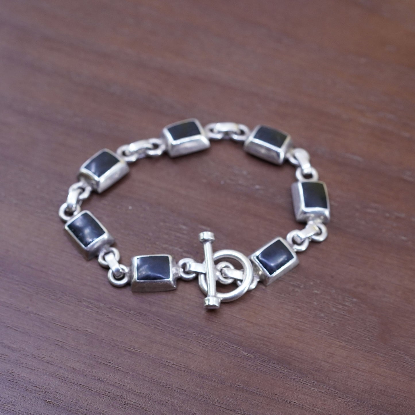 6.5”, vintage Sterling silver handmade bracelet, Mexico 925 chain w/ oval onyx