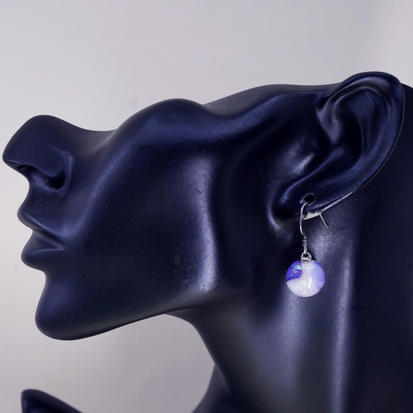 Vintage Sterling 925 silver handmade earrings purple foiled artisan glass drops