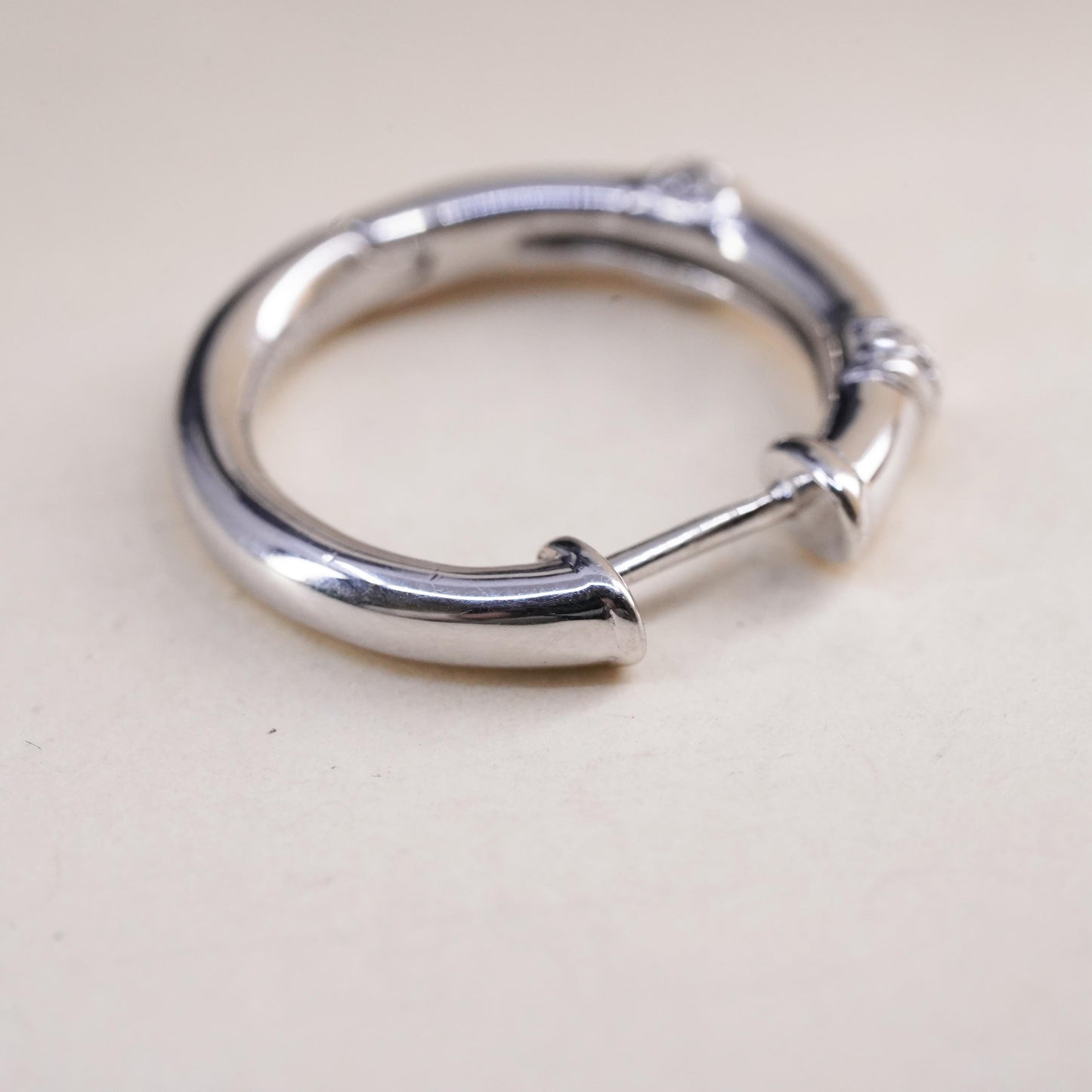 0.75", Vintage sterling silver loop single earring, bamboo hoop with diamonds