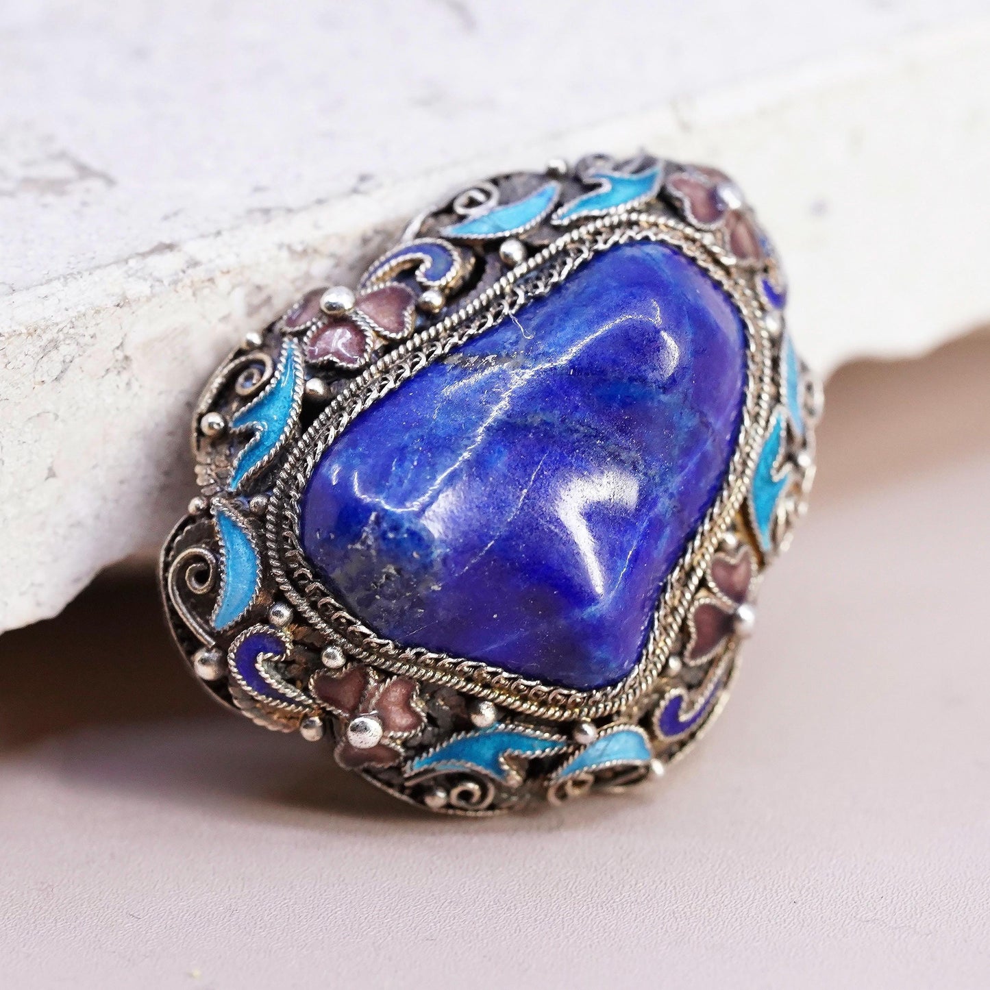 gold tone sterling silver brooch, 925 filigree pin with enamel and lapis lazuli