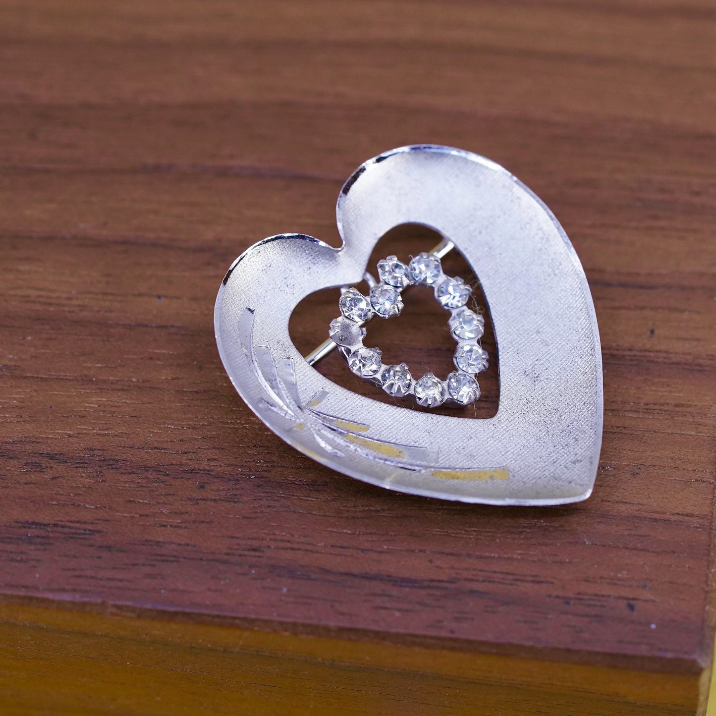 Vintage handmade sterling silver brooch, 925 silver heart with rhinestones