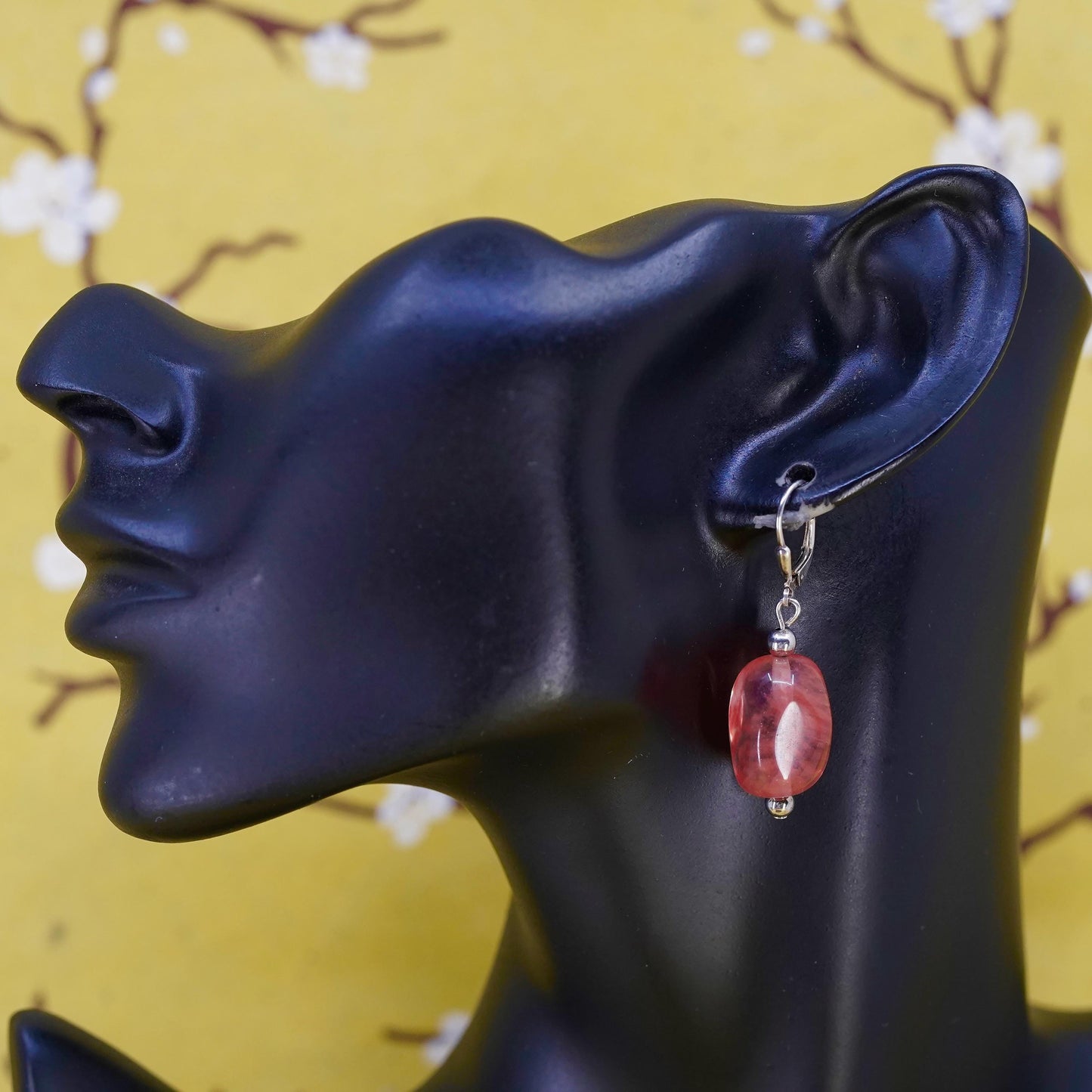 Vintage Sterling 925 silver handmade earrings with pink cherry quartz