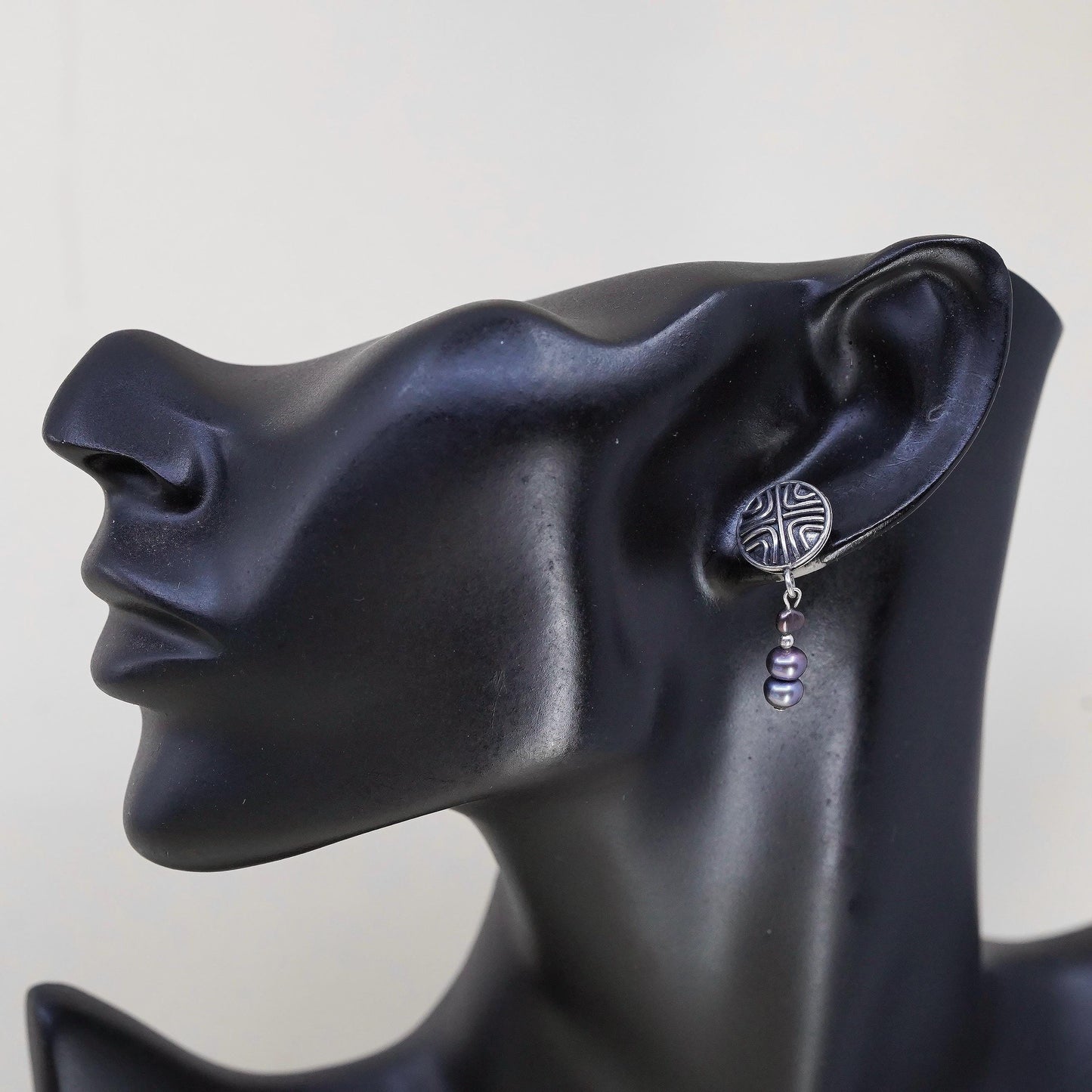 Vintage 925 Sterling Silver Black Freshwater Pearl Earrings, Geometric Studs