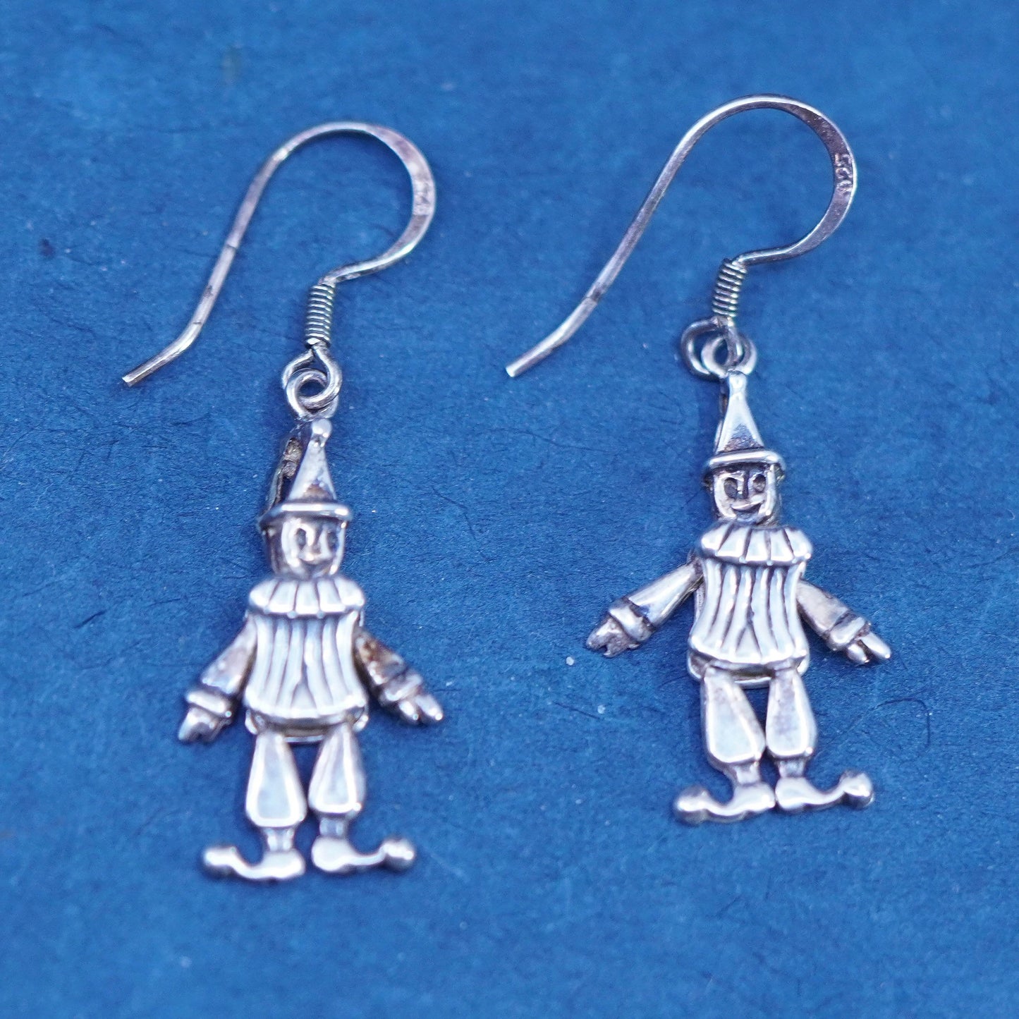 Vintage sterling silver handmade earrings 925 dancing clowns drop movable joint