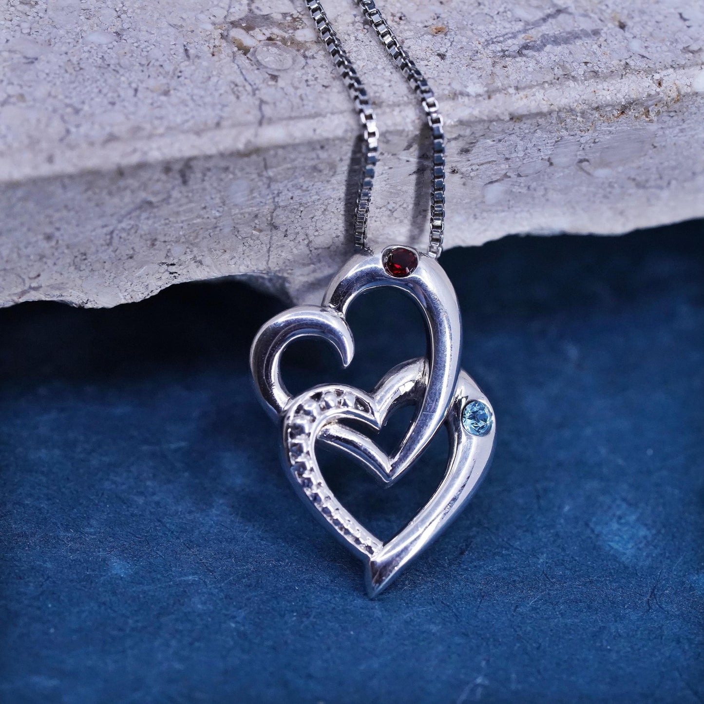 18", Sterling silver necklace, 925 box chain double ruby topaz heart pendant