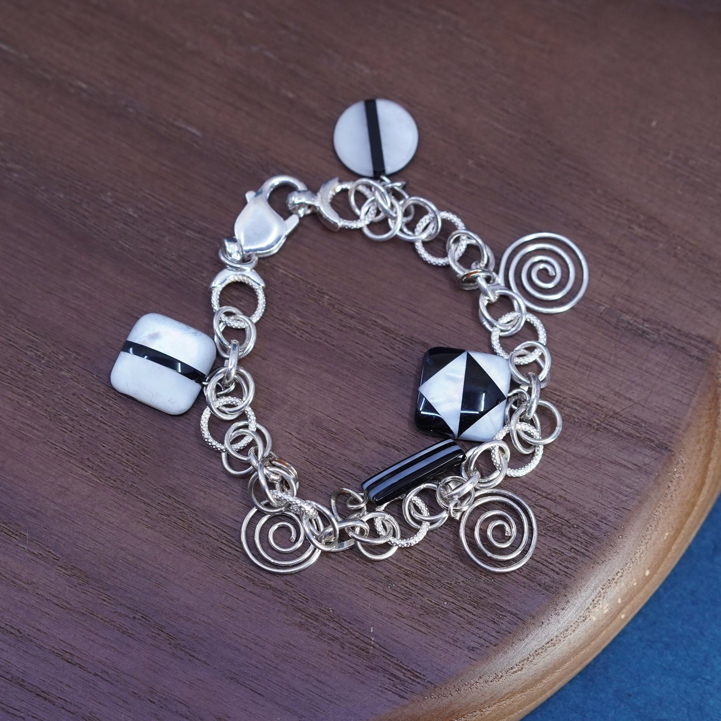 5.5”, Sterling silver bracelet, textured 925 circle chain glass swirly Charms