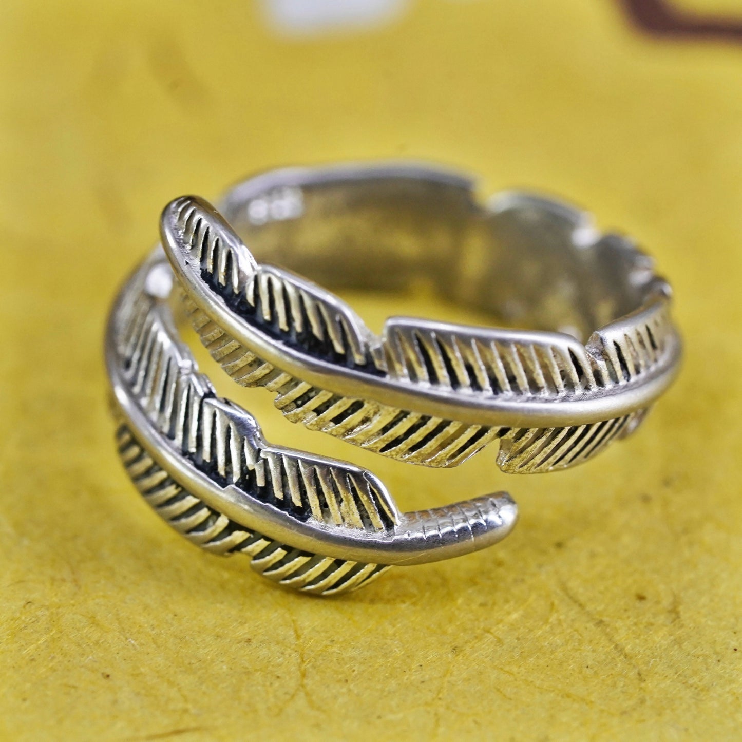 Size adjustable, vintage Sterling silver handmade ring, 925 feather wrap band