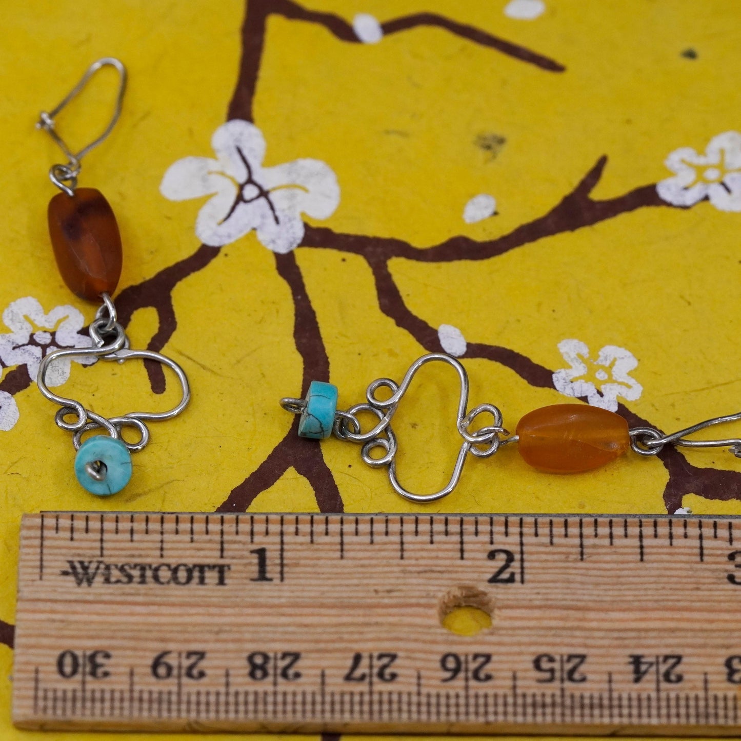 Vintage Sterling 925 silver handmade earrings with Amber nugget and turquoise