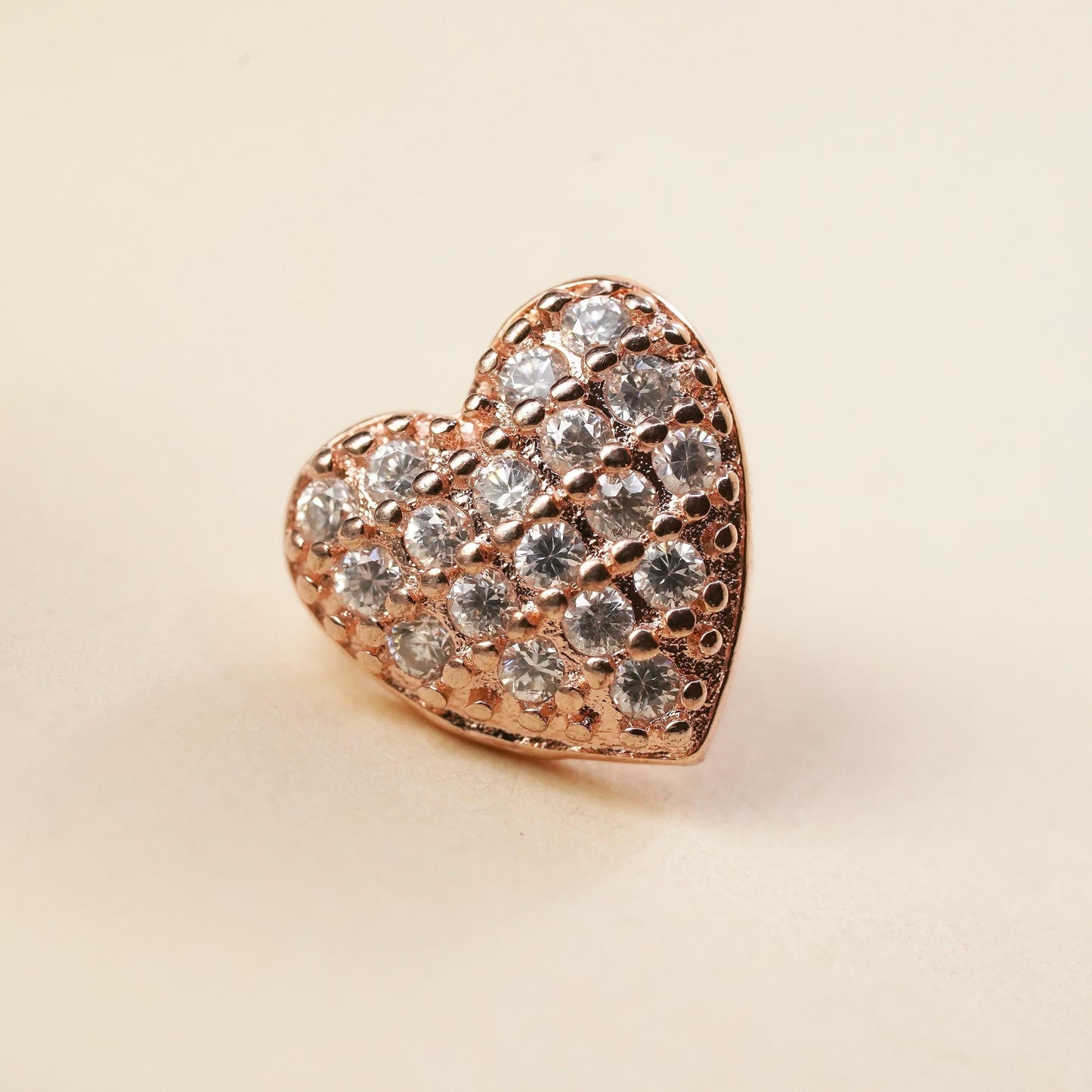 vermeil rose gold over Sterling 925 silver heart stud with cz, single earring