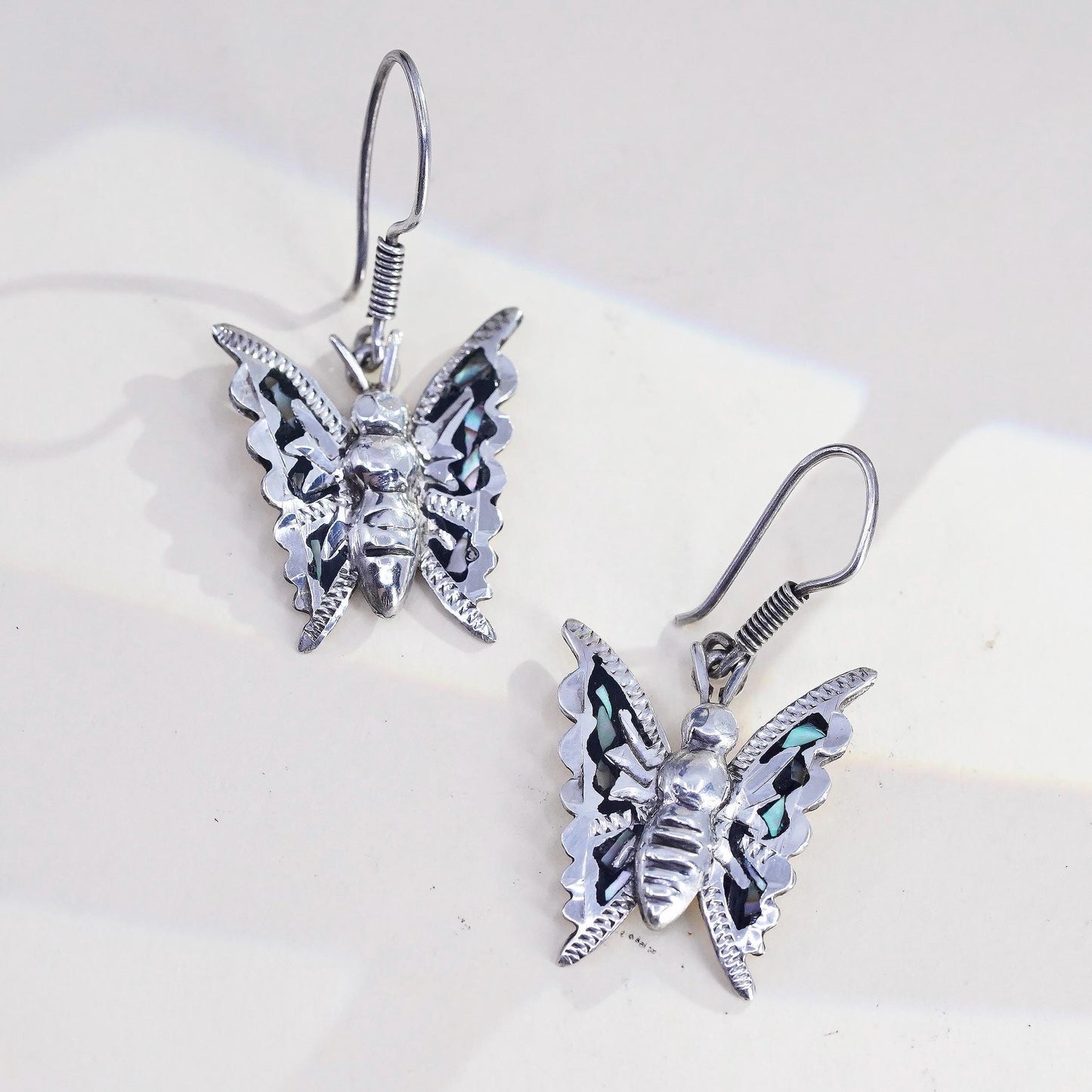 Vintage Mexican sterling silver handmade earrings, 925 butterfly with abalone