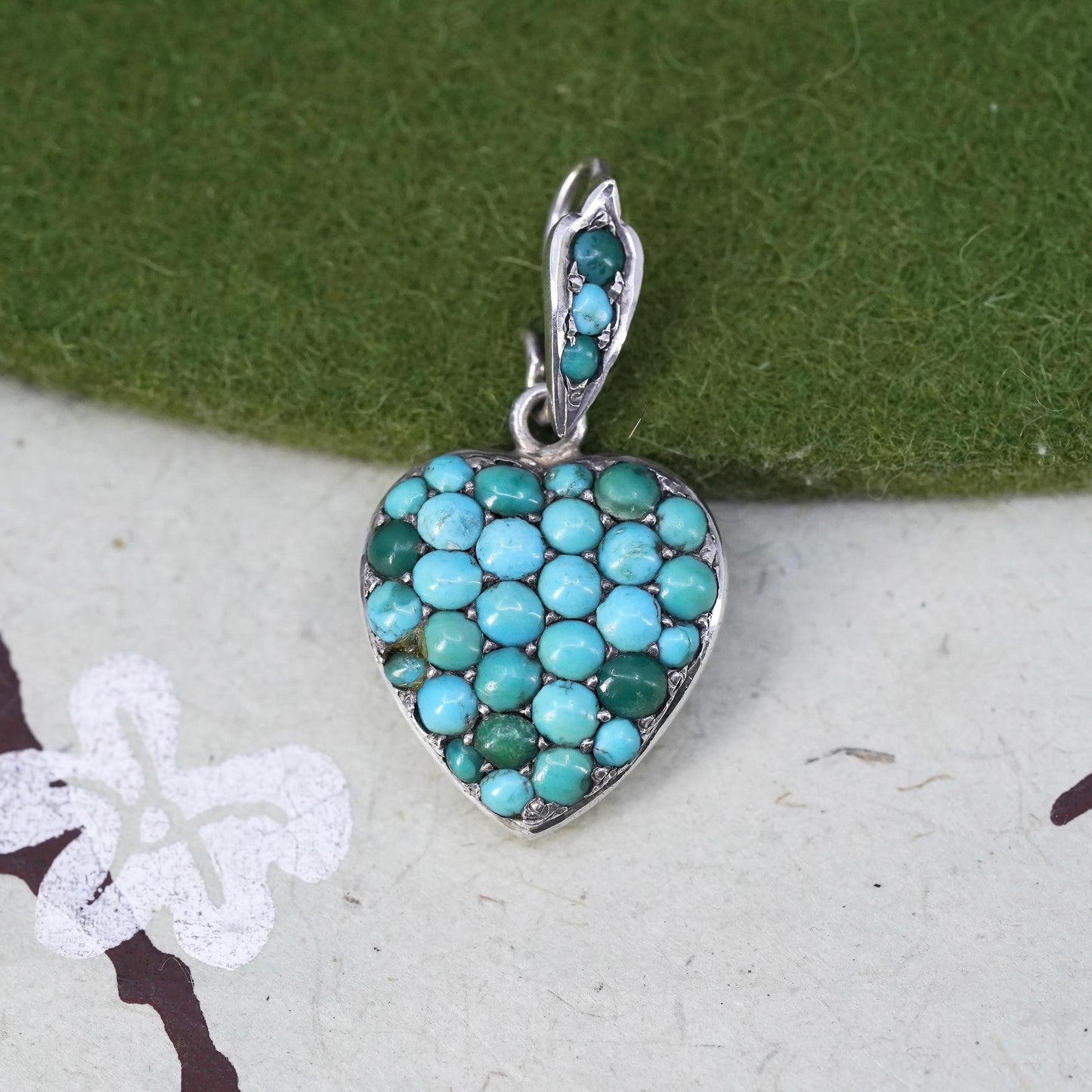 Vintage southwestern Sterling 925 silver handmade heart pendant turquoise beads