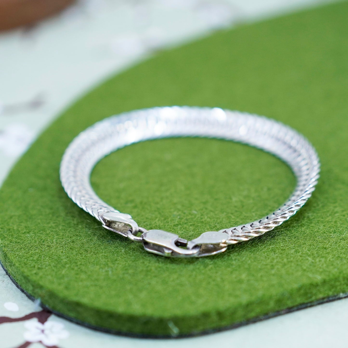 7.75”, IBB sterling 925 silver flatten curb wheat link chain bracelet anklet