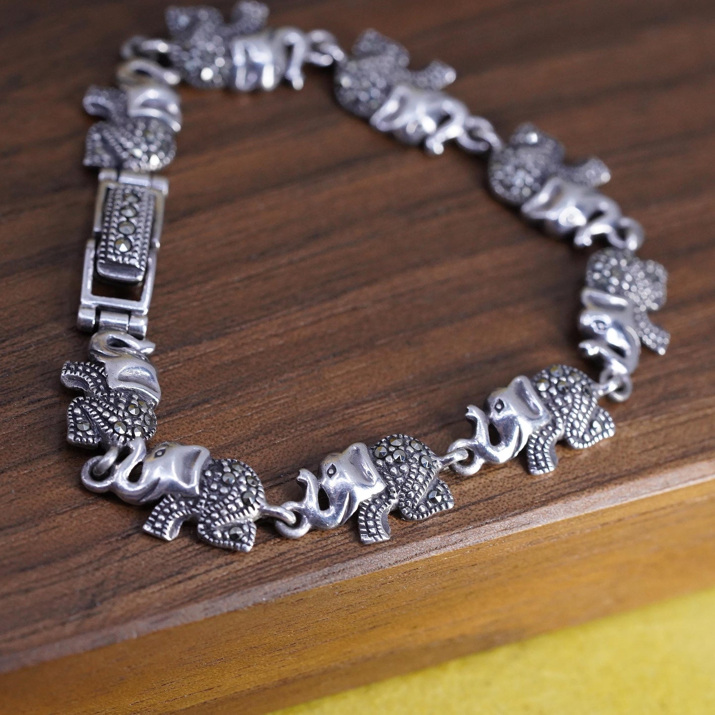 6.5", VTG Sterling silver tennis bracelet, 925 elephant chain cluster marcasite