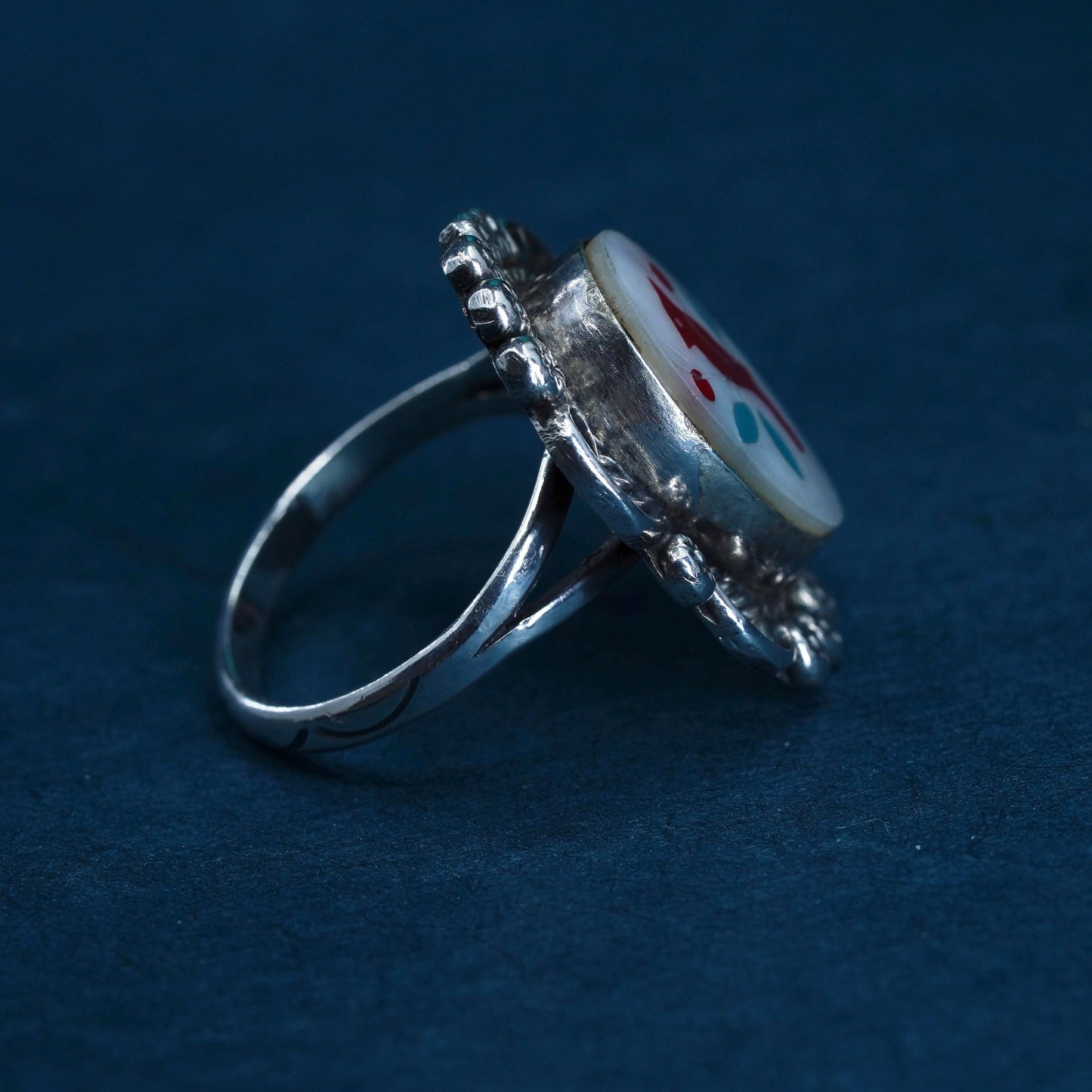 Size 10, southwestern Sterling 925 silver ring band carved MOP and red bird