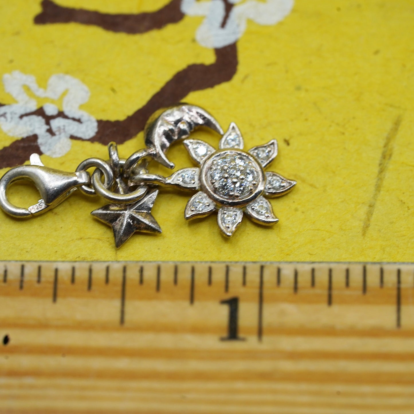 Vintage Sterling silver handmade cz pendant, 925 sun moon star charm