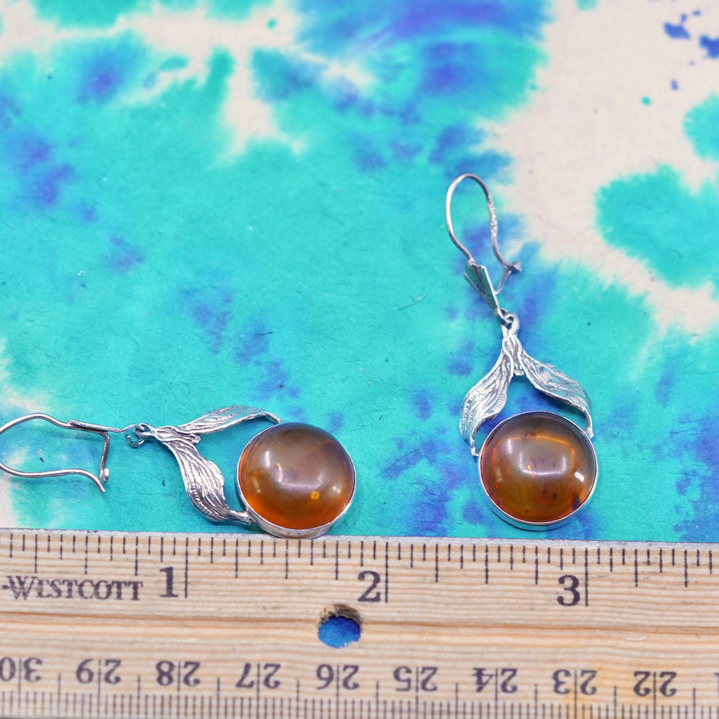 Vintage sterling 925 silver handmade leafy earrings with round amber