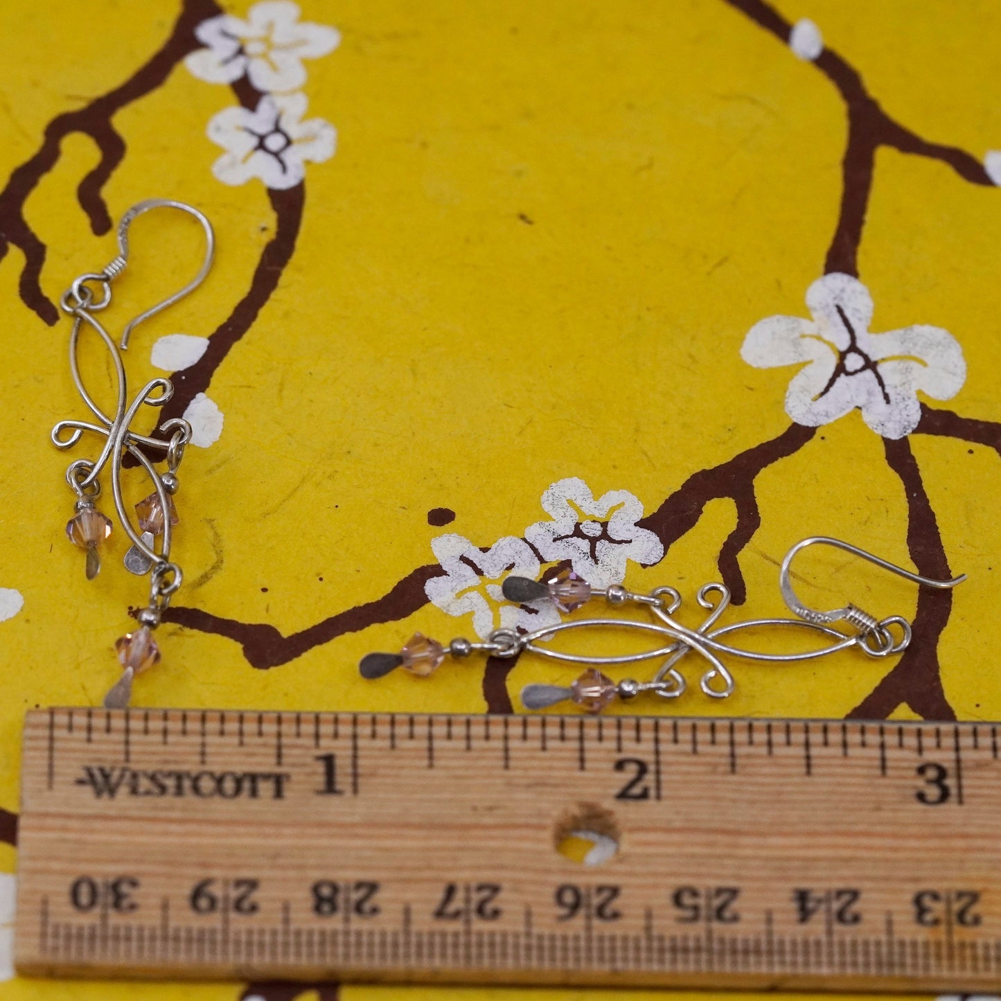 Vintage Sterling silver handmade earrings, 925 swirl wired dangles with crystal