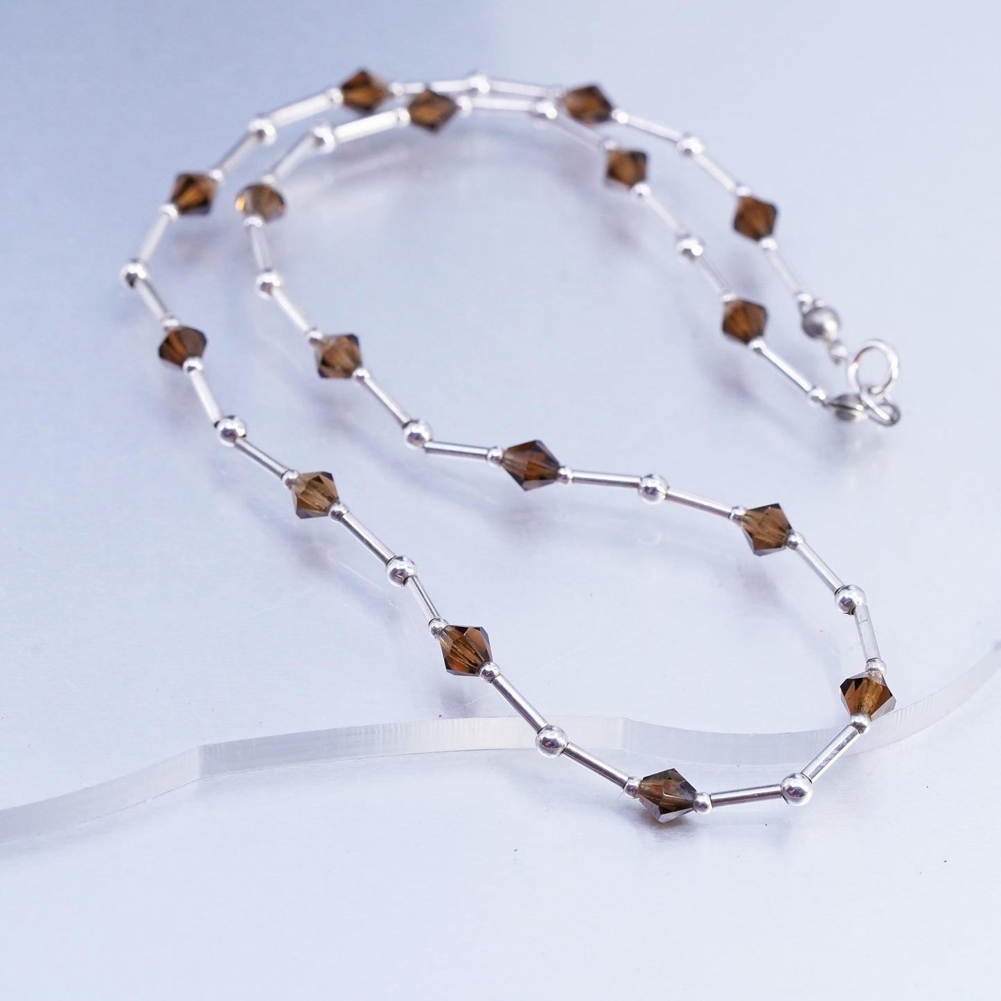 16", Native American Sterling 925 liquid silver necklace brown crystal beads