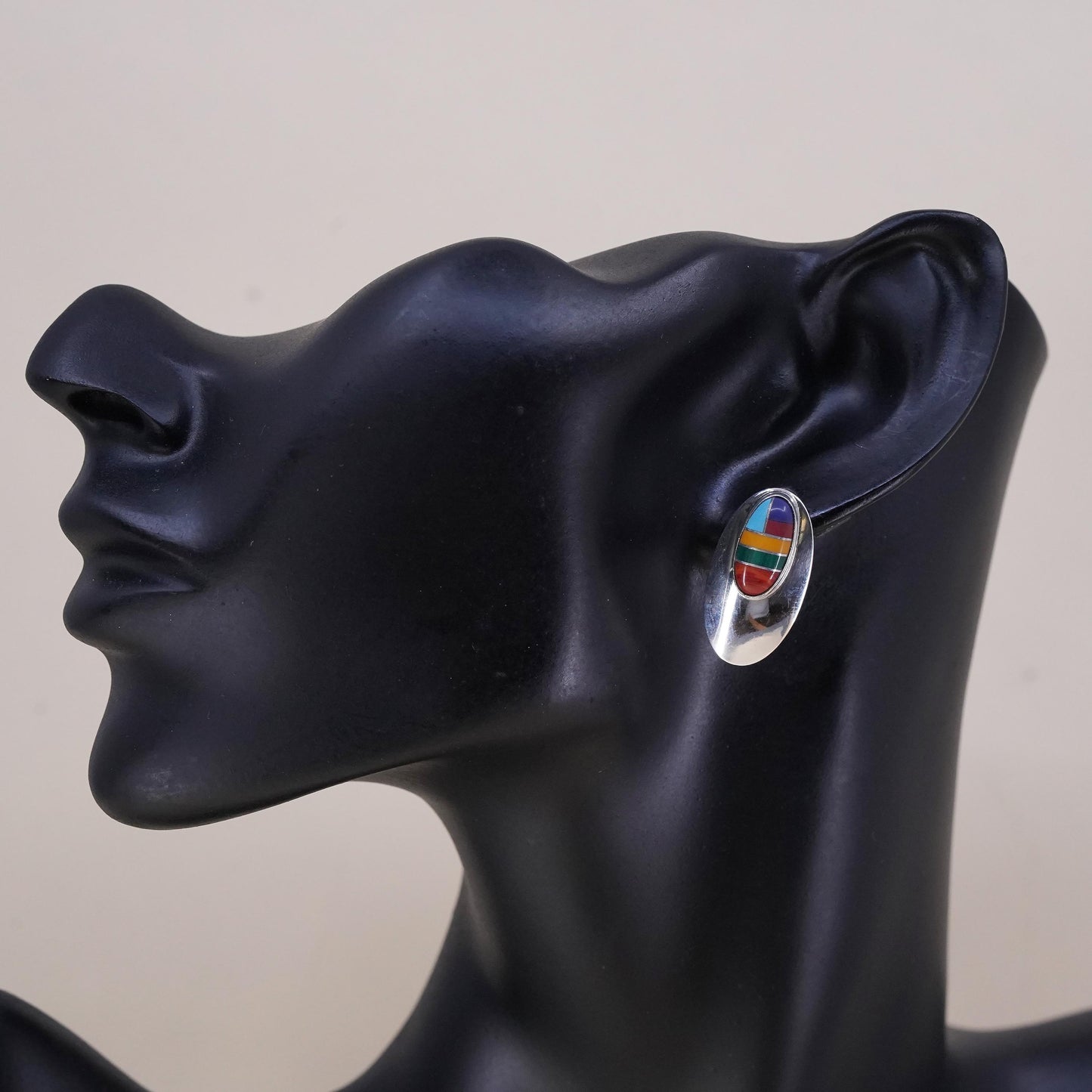 Native American Zuni single earring. Sterling 925 silver oval stud turquoise