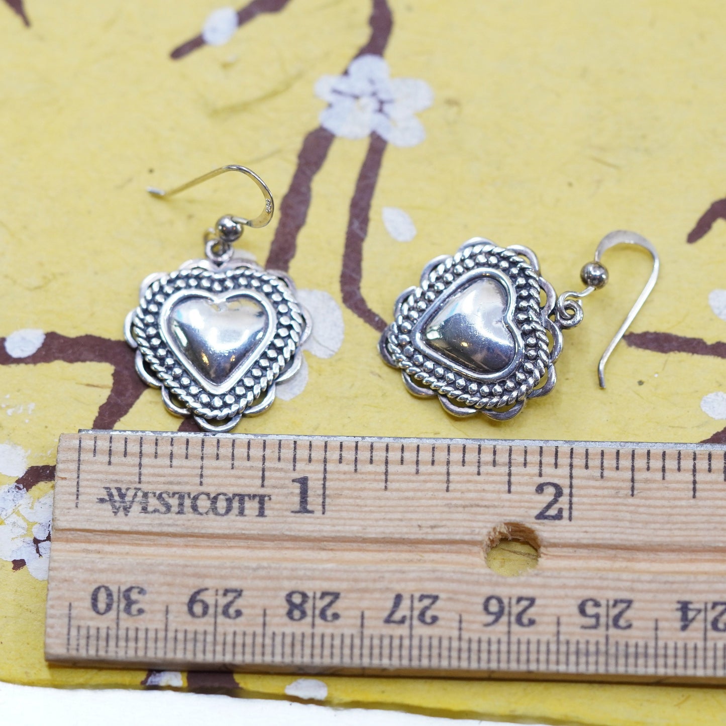 Vintage Sterling silver handmade earrings, textured 925 heart drops