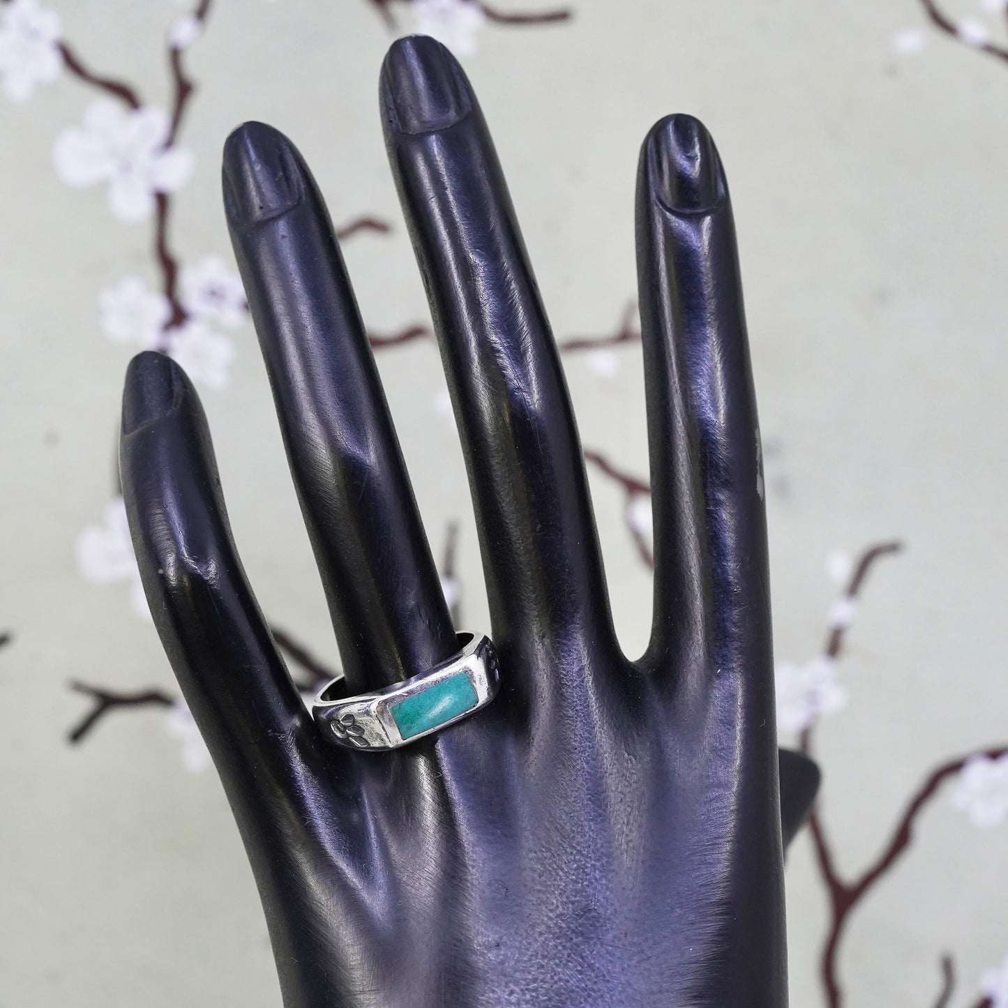Size 10.25, Sterling silver handmade ring, 925 band with turquoise inlay, Zuni