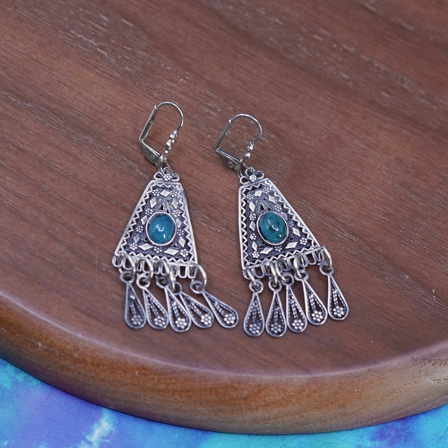 Vintage Sterling silver handmade earrings, 925 Filigree teardrops w/ turquoise