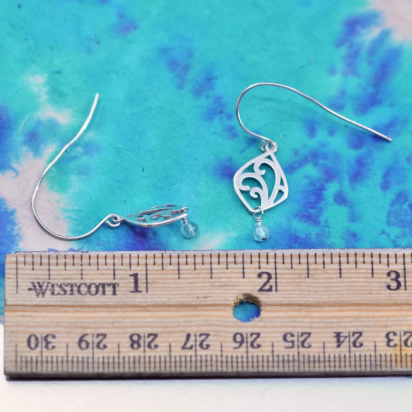 Vintage sterling 925 silver handmade filigree earrings with blue crystal