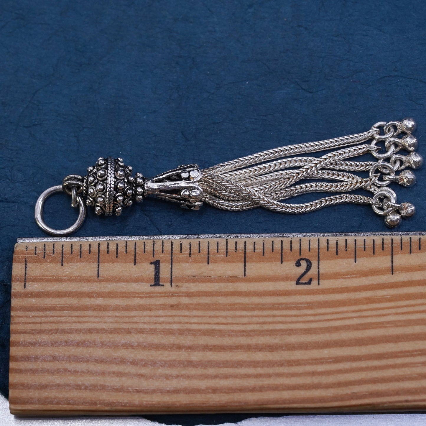 Sterling silver handmade pendant, 925 filigree bead ball with fringe dangles