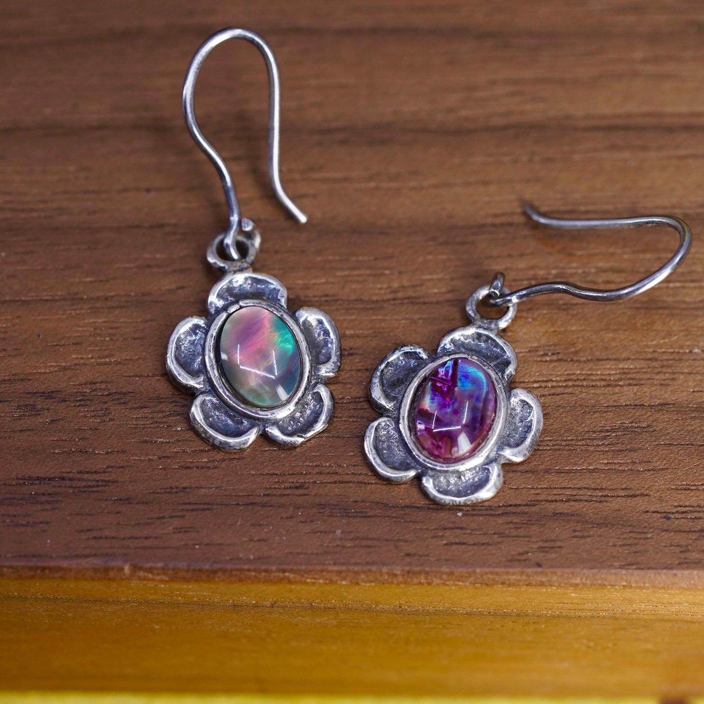 Vintage Brazil sterling 925 silver handmade flower earrings with artisan glass
