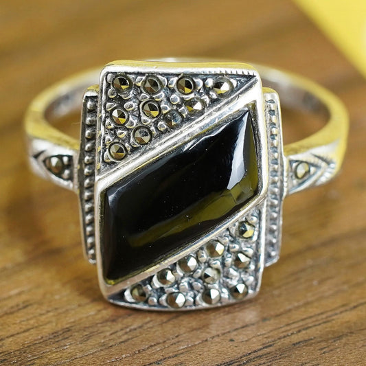 Size 9.25, Vintage Sterling 925 silver handmade ring with black onyx marcasite