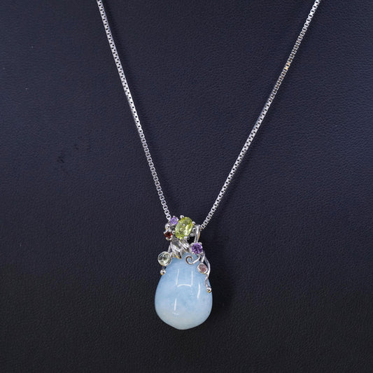 18", Sterling silver 925 necklace, box chain teardrop jade pendant peridot