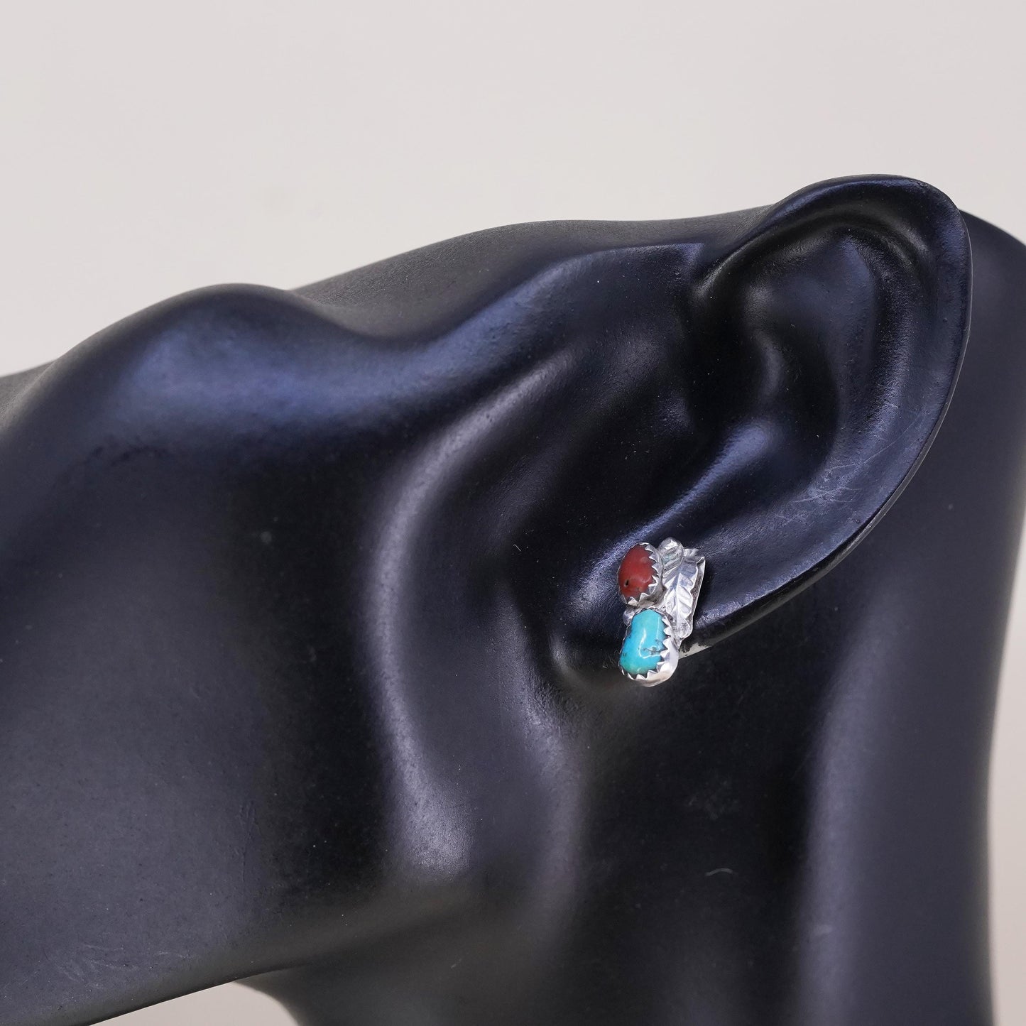 Native American Navajo single earring. Sterling 925 silver teardrop stud coral