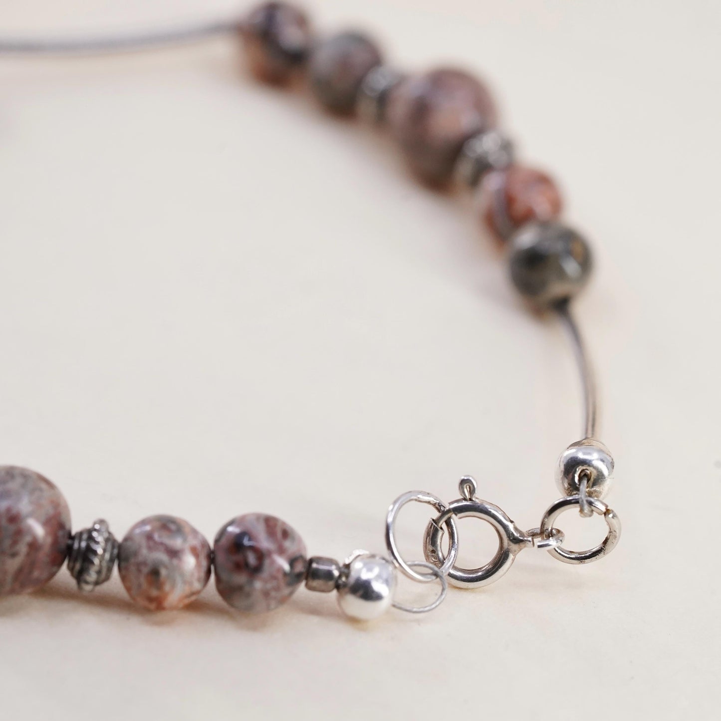7.75”, Vintage Sterling 925 silver handmade bar bracelet with Jasper beads