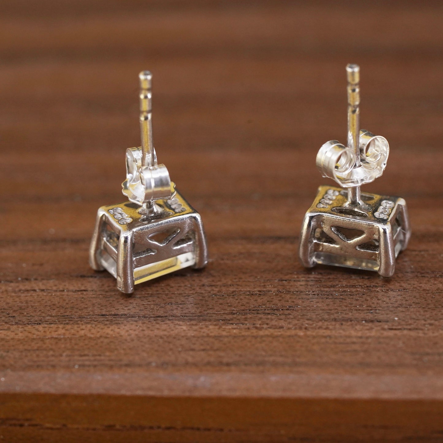 5mm, Vintage Sterling silver handmade earrings, 925 rectangular cz studs