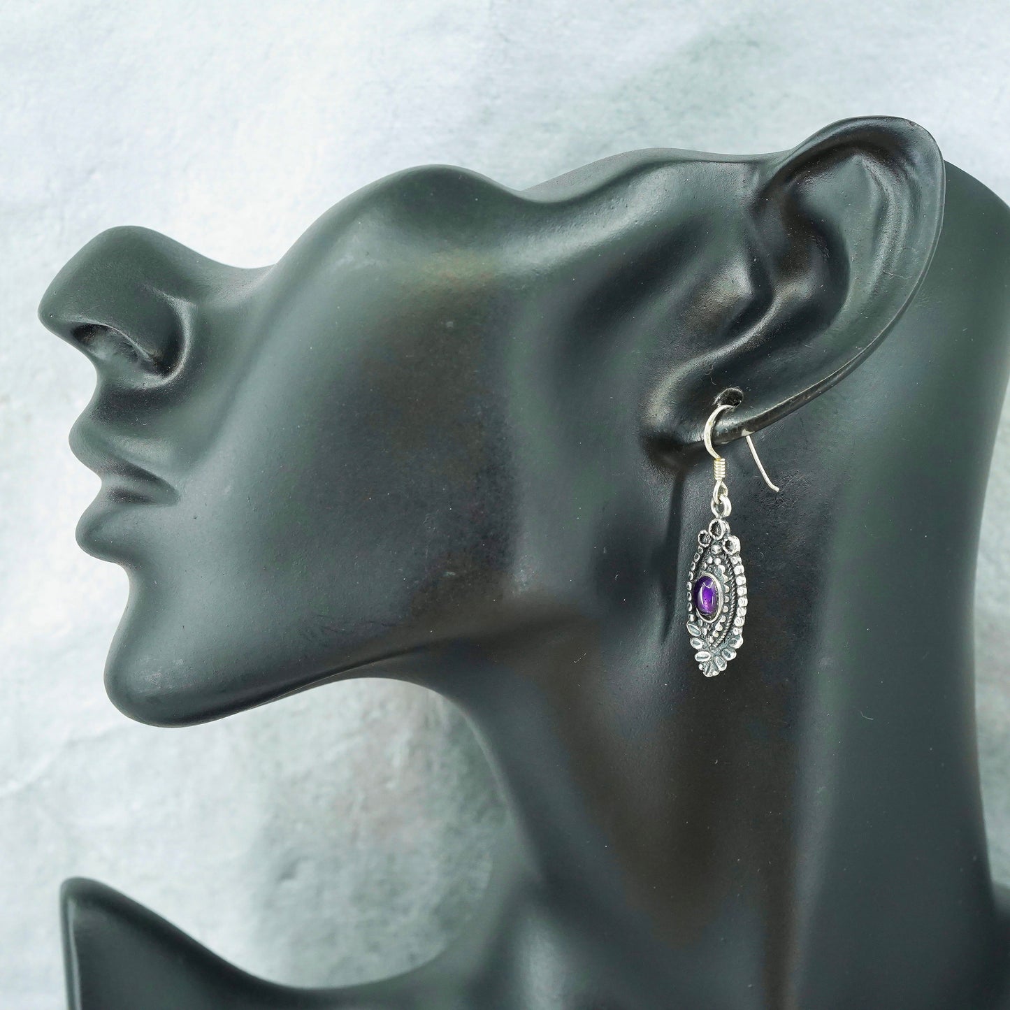 Vintage jewelry | Sterling 925 silver handmade leafy earrings with amethyst