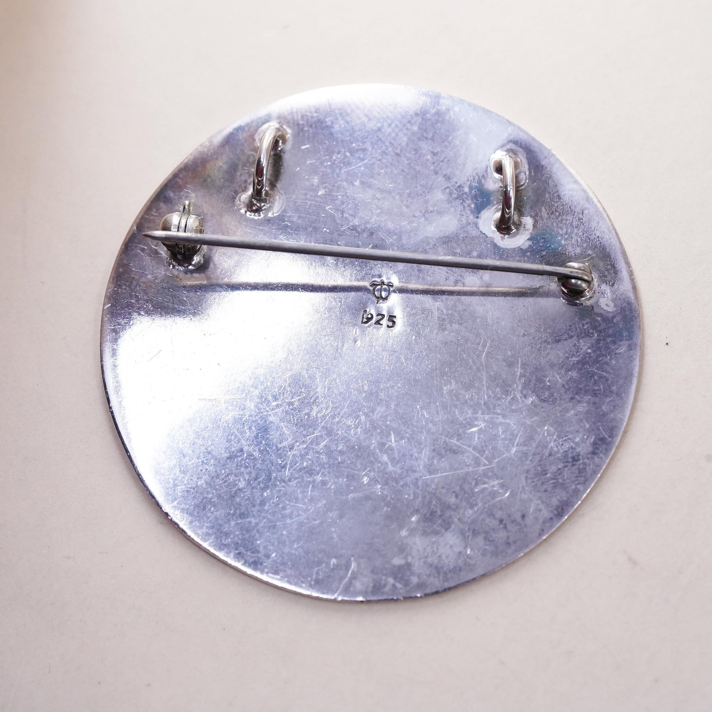 Vintage 925 Sterling Silver Large Round Brooch, Nordic Heart Mandala pendant