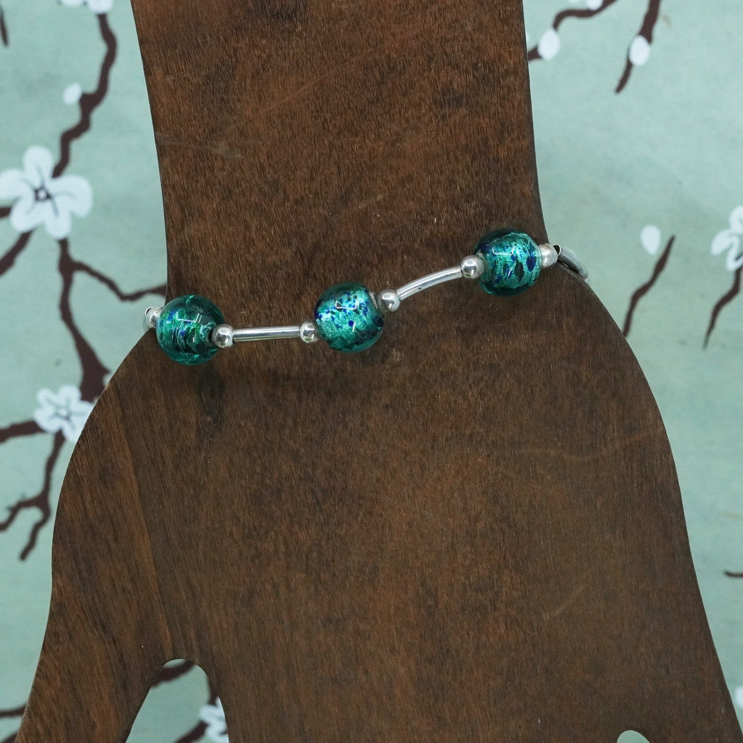 6”, vintage 925 Sterling silver handmade bracelet w/ artisan green glass beads